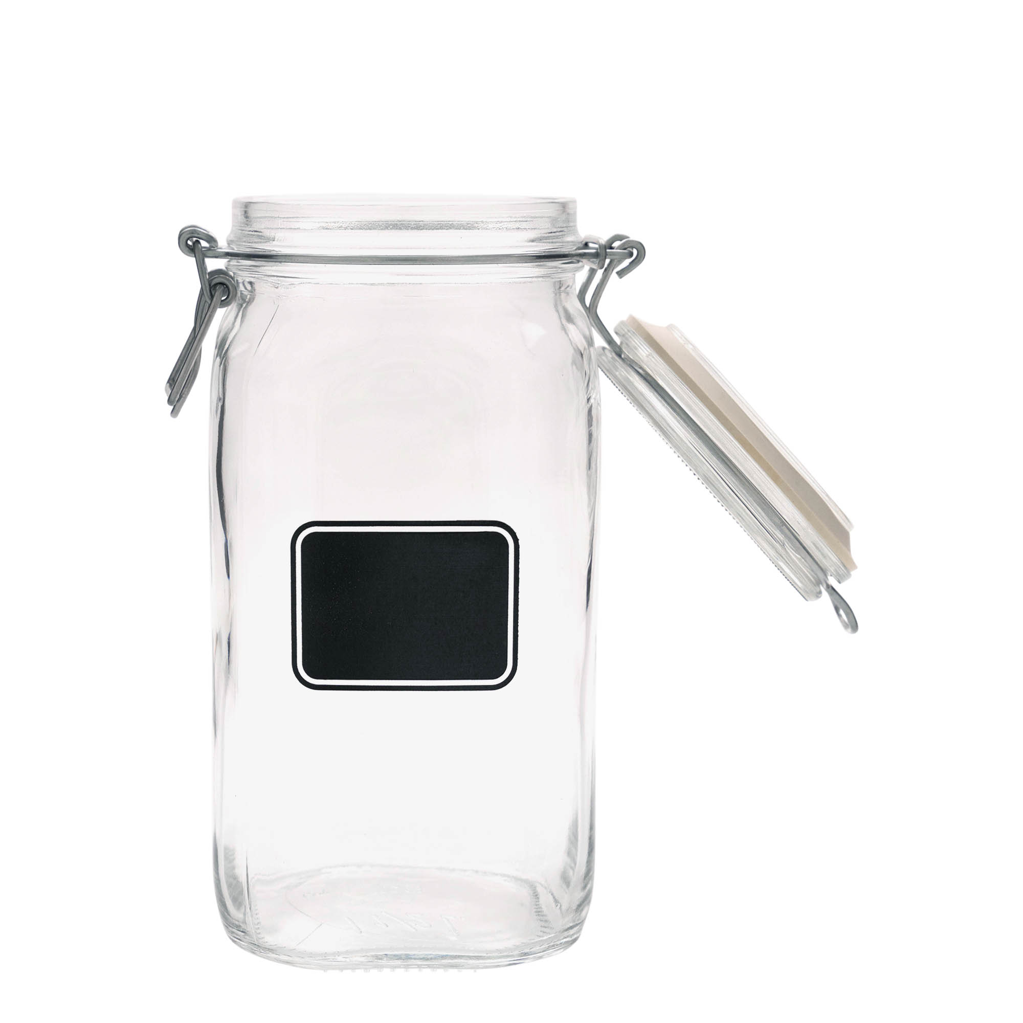 1.500 ml frasco com fecho de alavanca 'Fido', motivo: campo para etiqueta, quadrado, abertura: fecho de alavanca