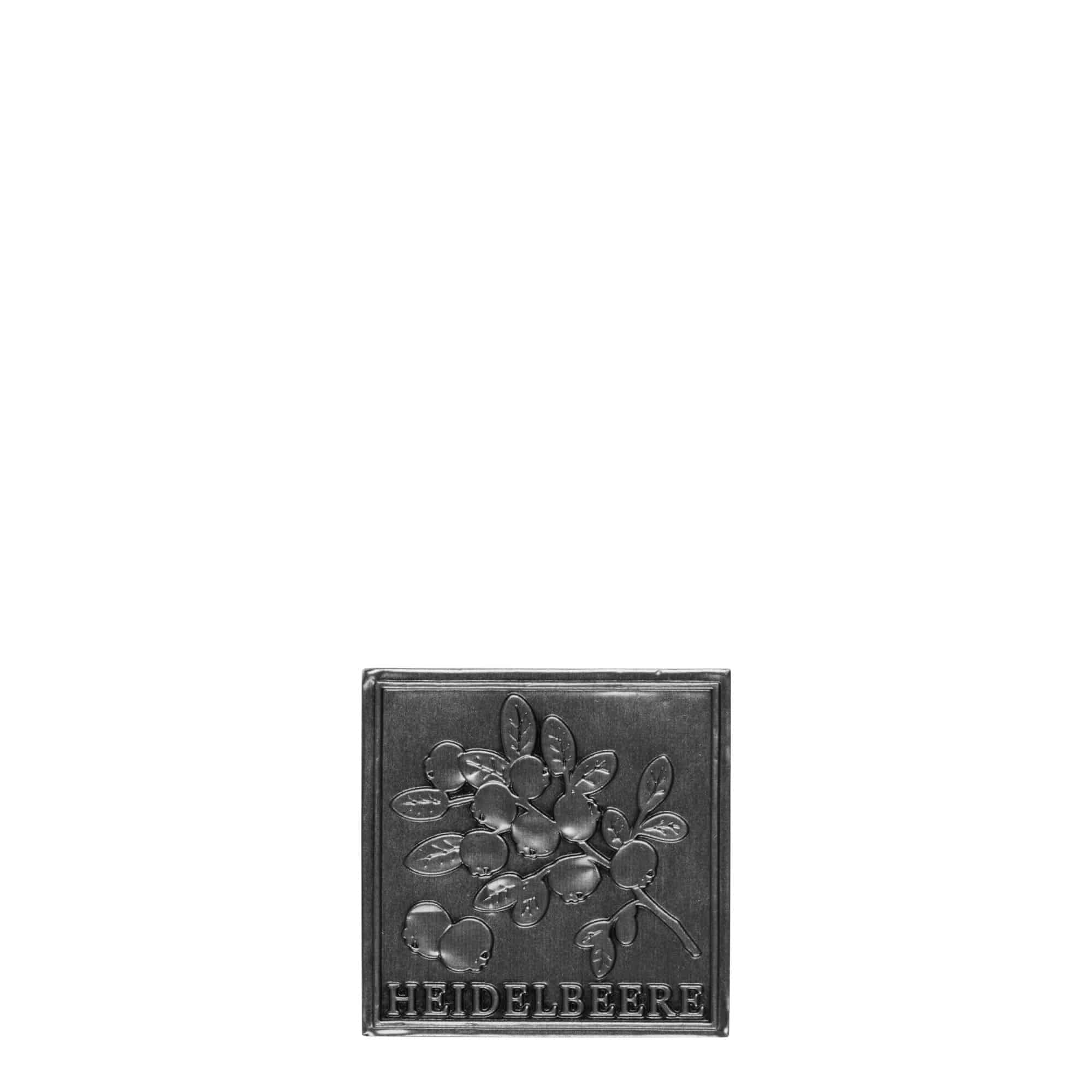 Etiqueta de estanho 'Mirtilo', quadrada, metal, prata