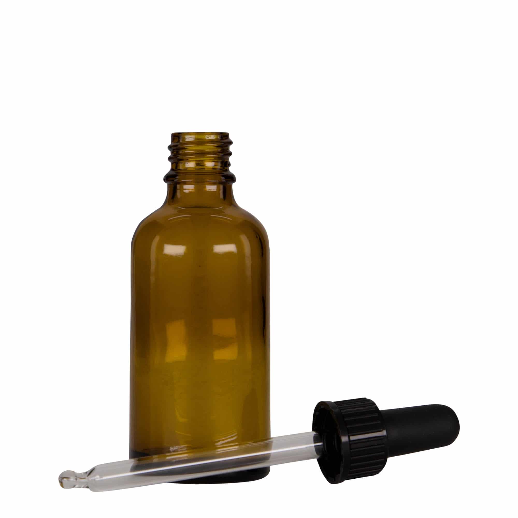 50 ml Frasco conta gotas farmacêutico, vidro, castanho-preto, boca: DIN 18
