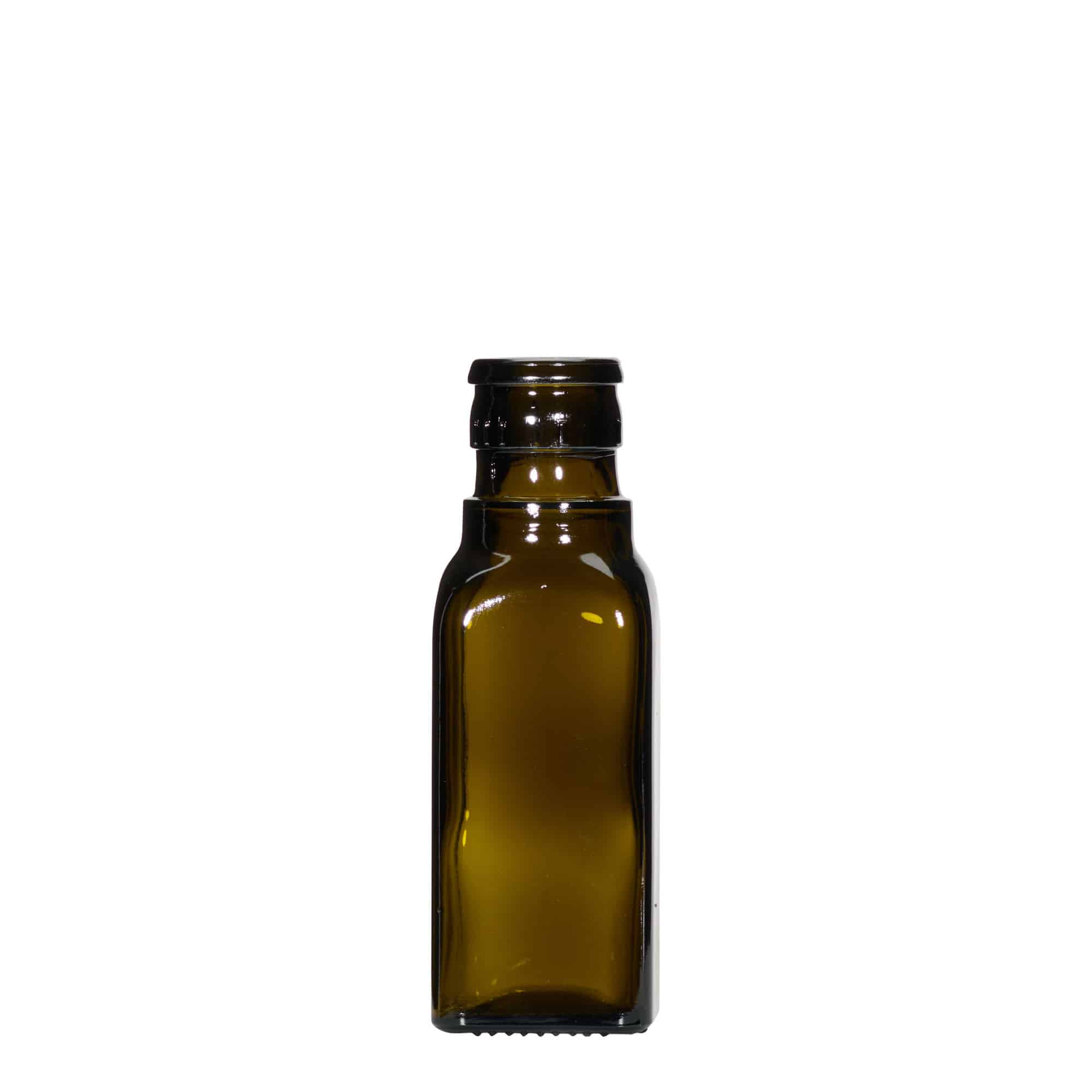 Frasco de vinagre/azeite 100 ml 'Quadra', vidro, quadrado, verde antigo, boca: DOP Frasco de vinagre/azeite 100 ml 'Quadra', vidro, quadrado, verde antigo, boca: DOP