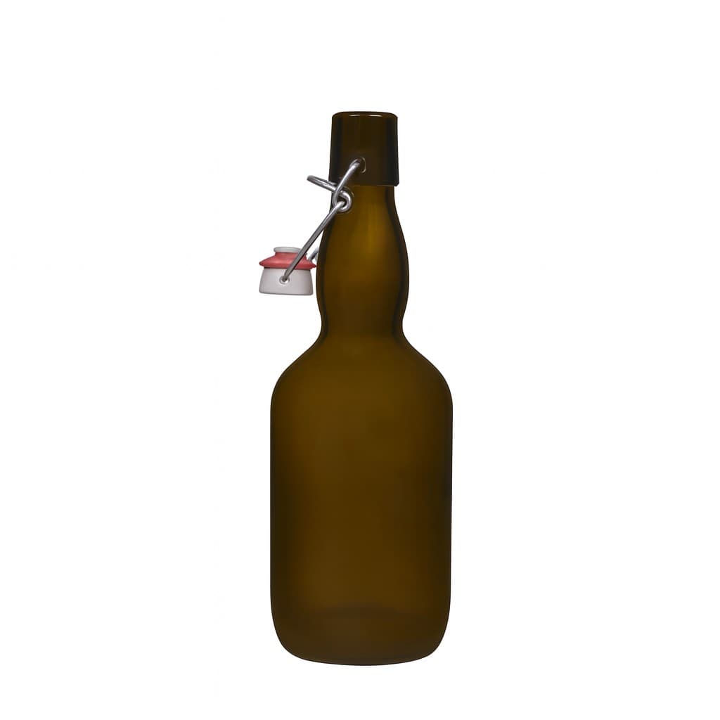 Garrafa de cerveja 500 ml com gargalo engolado, vidro, verde antigo, boca: fecho de mola