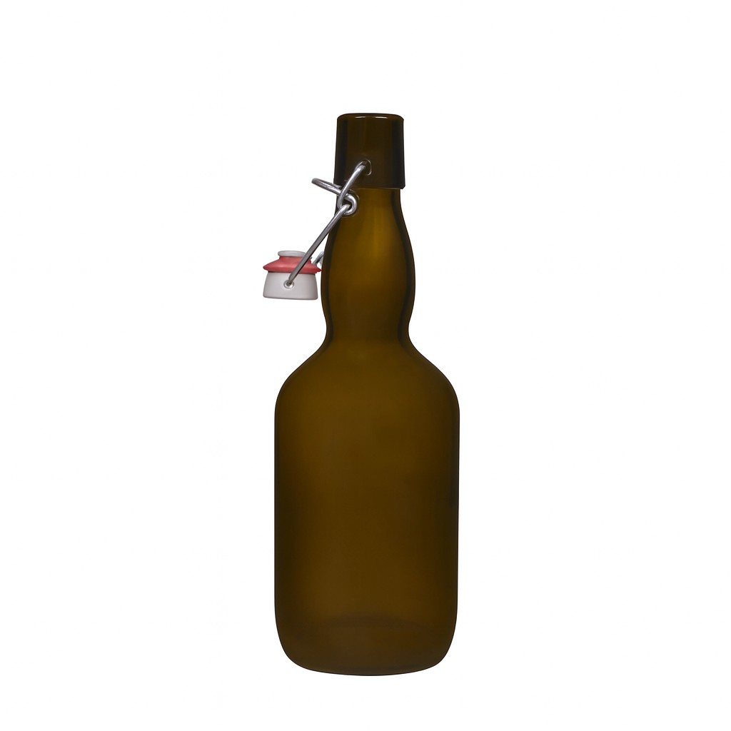 Garrafa de cerveja 500 ml com gargalo engolado, vidro, verde antigo, boca: fecho de mola Garrafa de cerveja 500 ml com gargalo engolado, vidro, verde antigo, boca: fecho de mola