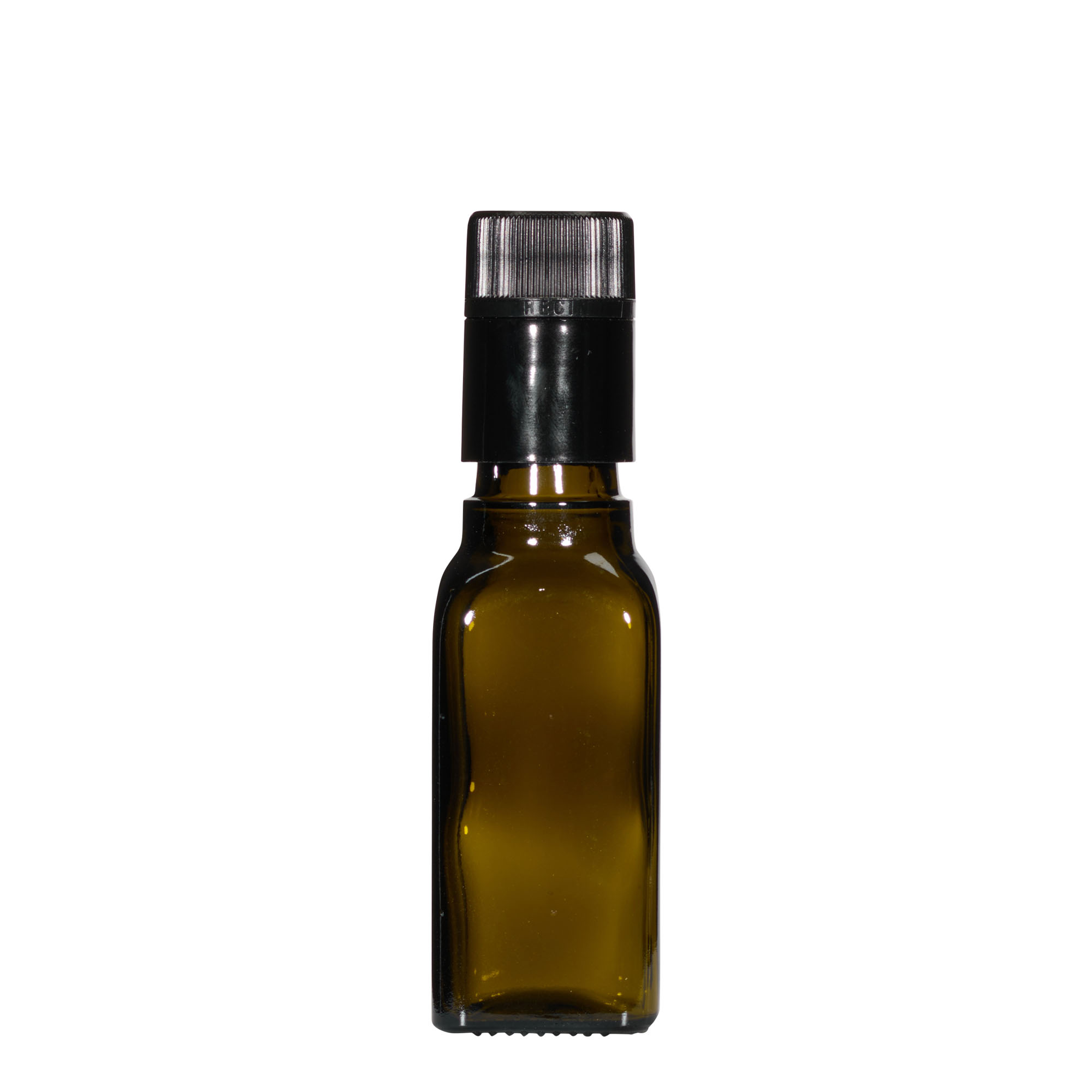 Frasco de vinagre/azeite 100 ml 'Quadra', vidro, quadrado, verde antigo, boca: DOP Frasco de vinagre/azeite 100 ml 'Quadra', vidro, quadrado, verde antigo, boca: DOP