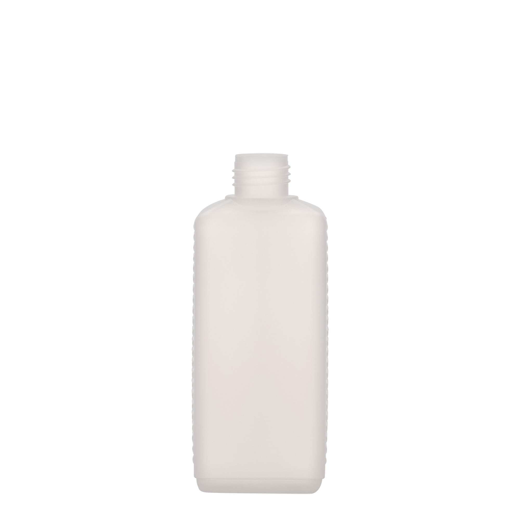 Frasco em bidão de 250 ml, retangular, plástico HDPE, natural, boca: DIN 25 EPE Frasco em bidão de 250 ml, retangular, plástico HDPE, natural, boca: DIN 25 EPE