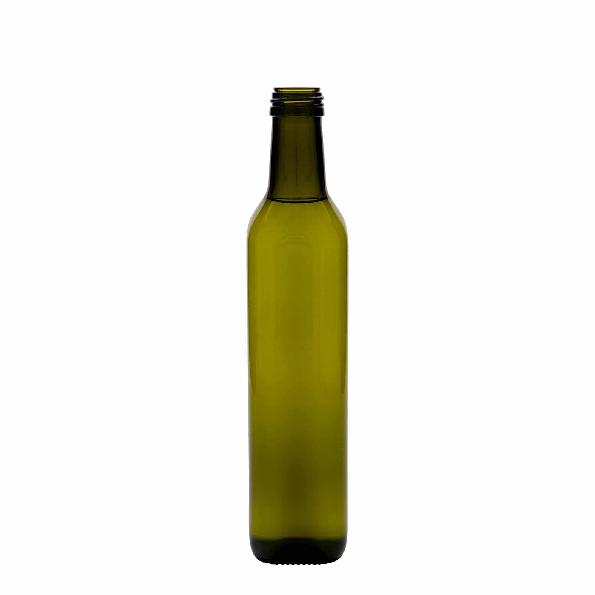 Garrafa de vidro 500 ml 'Marasca', quadrada, verde antigo, bocal: PP 31,5 Garrafa de vidro 500 ml 'Marasca', quadrada, verde antigo, bocal: PP 31,5