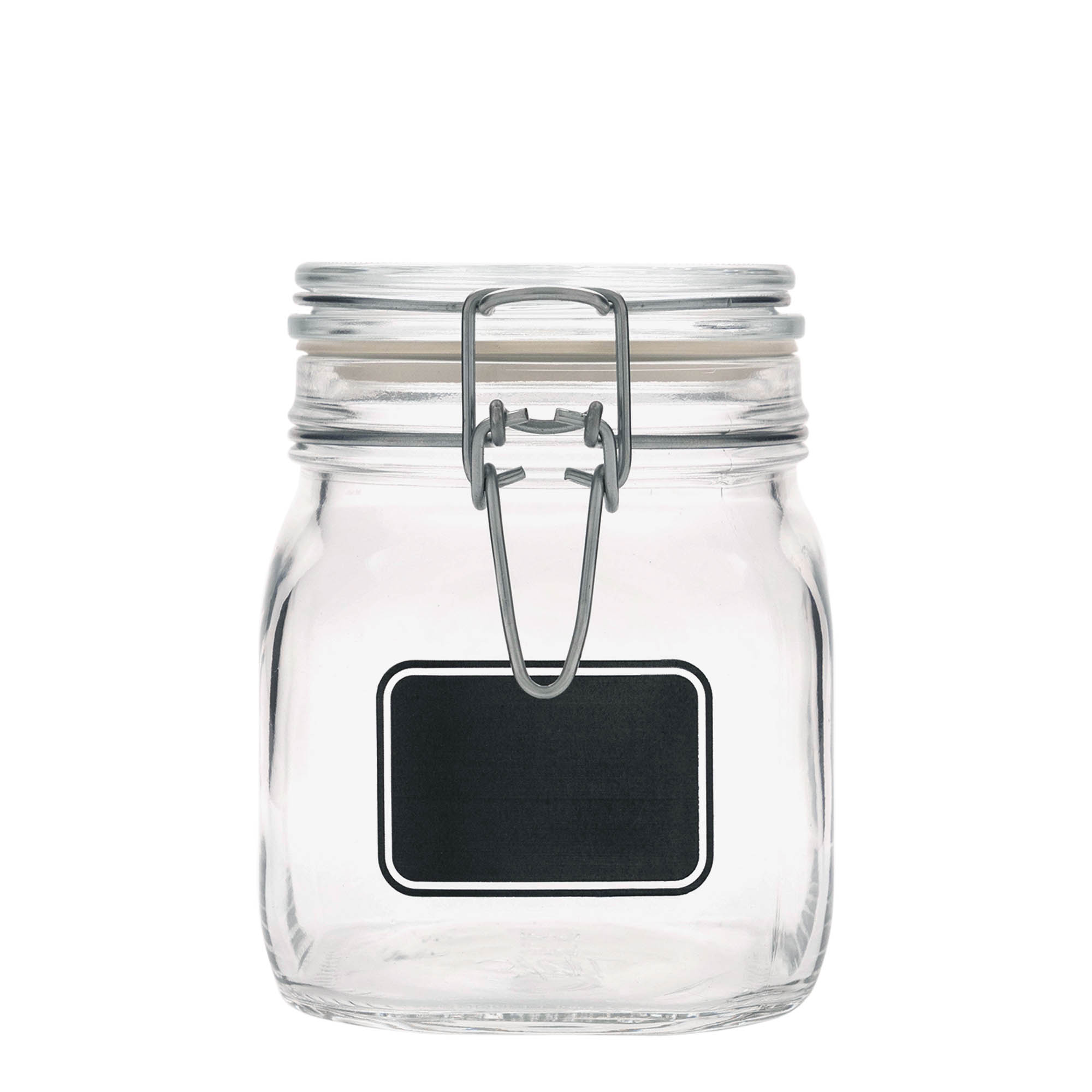 Frasco de vidro com tampa de arame de 750 ml 'Fido', motivo: campo para etiquetas, quadrado, abertura: fecho de arame Frasco de vidro com tampa de arame de 750 ml 'Fido', motivo: campo para etiquetas, quadrado, abertura: fecho de arame