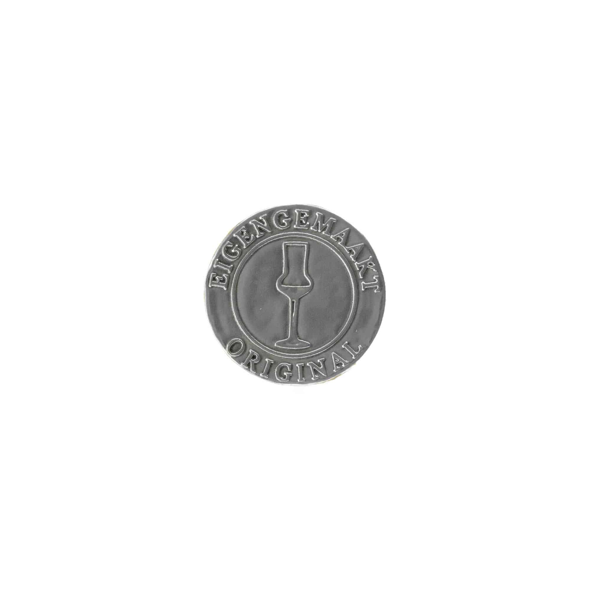 Etiqueta de estanho 'Eigengemaakt', redonda, metal, prateado Etiqueta de estanho 'Eigengemaakt', redonda, metal, prateado