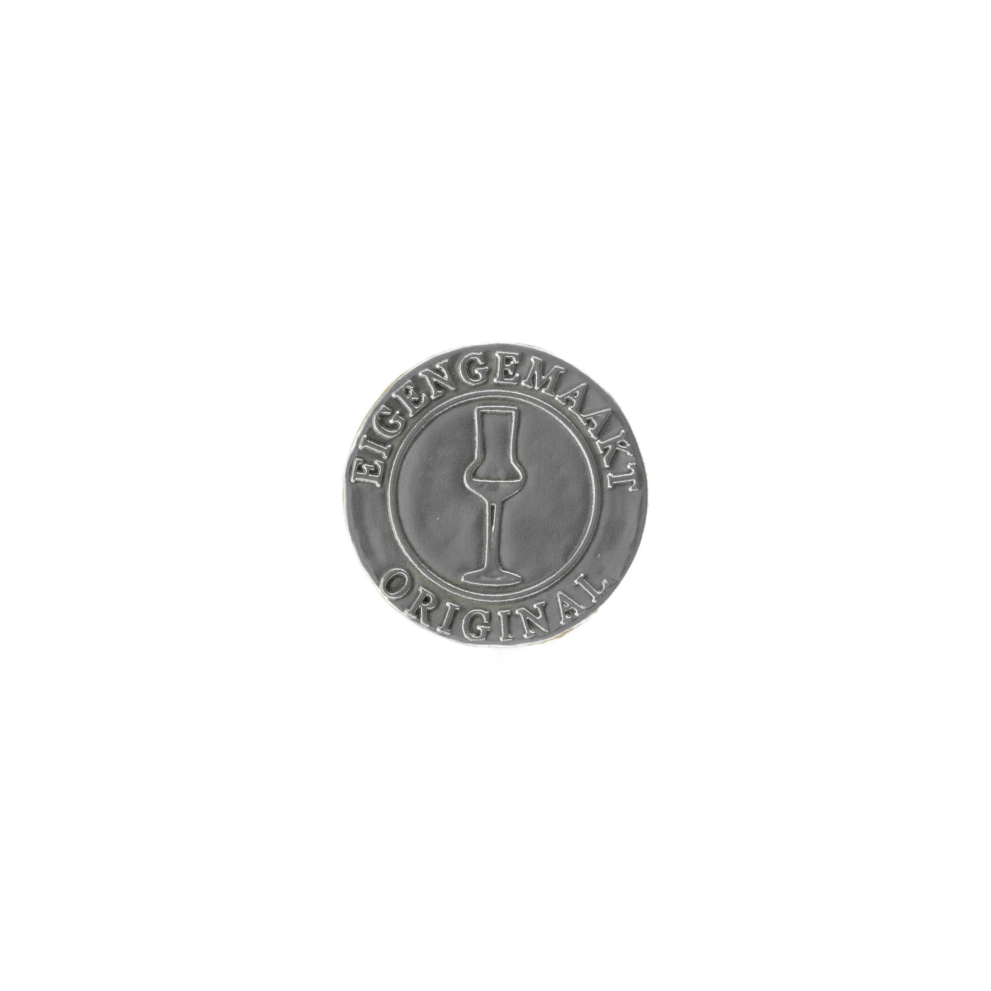 Etiqueta de estanho 'Eigengemaakt', redonda, metal, prateada