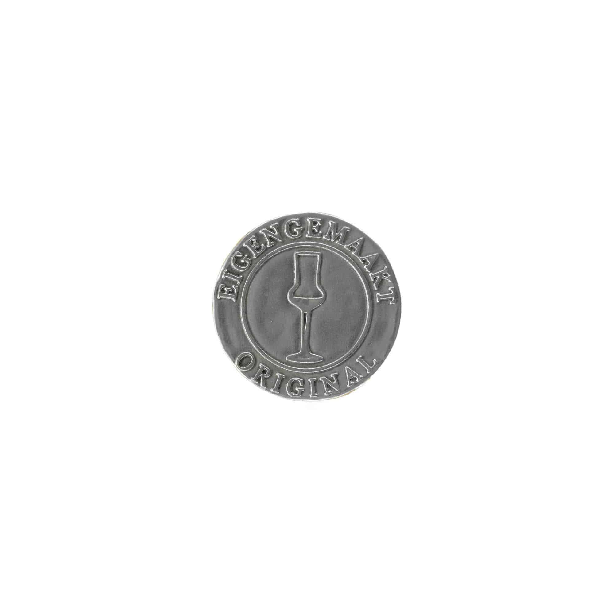 Etiqueta de estanho 'Eigengemaakt', redonda, metal, prateada