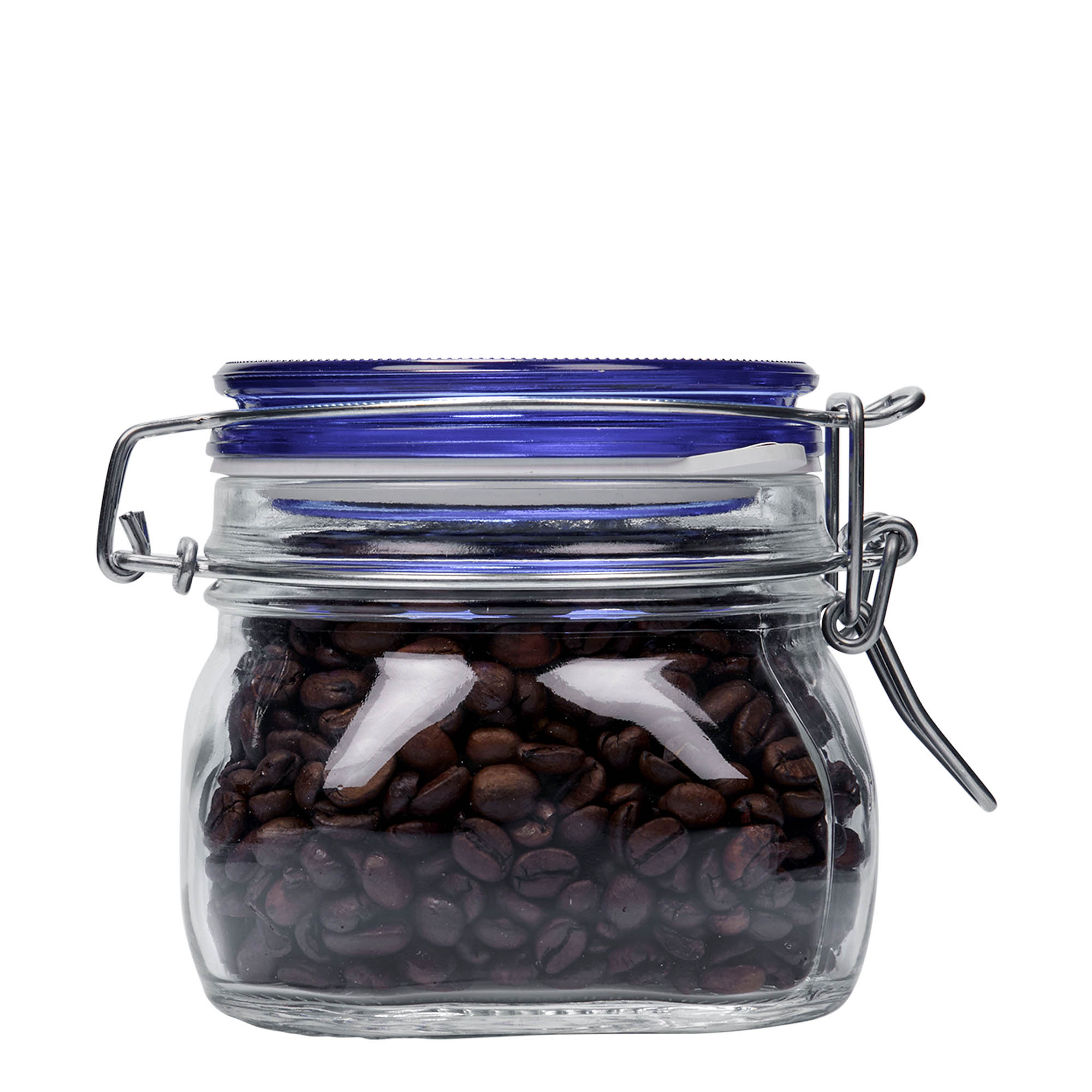 Frasco de vidro com fecho de arame 'Fido' 500 ml, tampa azul, quadrado, boca: fecho de arame Frasco de vidro com fecho de arame 'Fido' 500 ml, tampa azul, quadrado, boca: fecho de arame