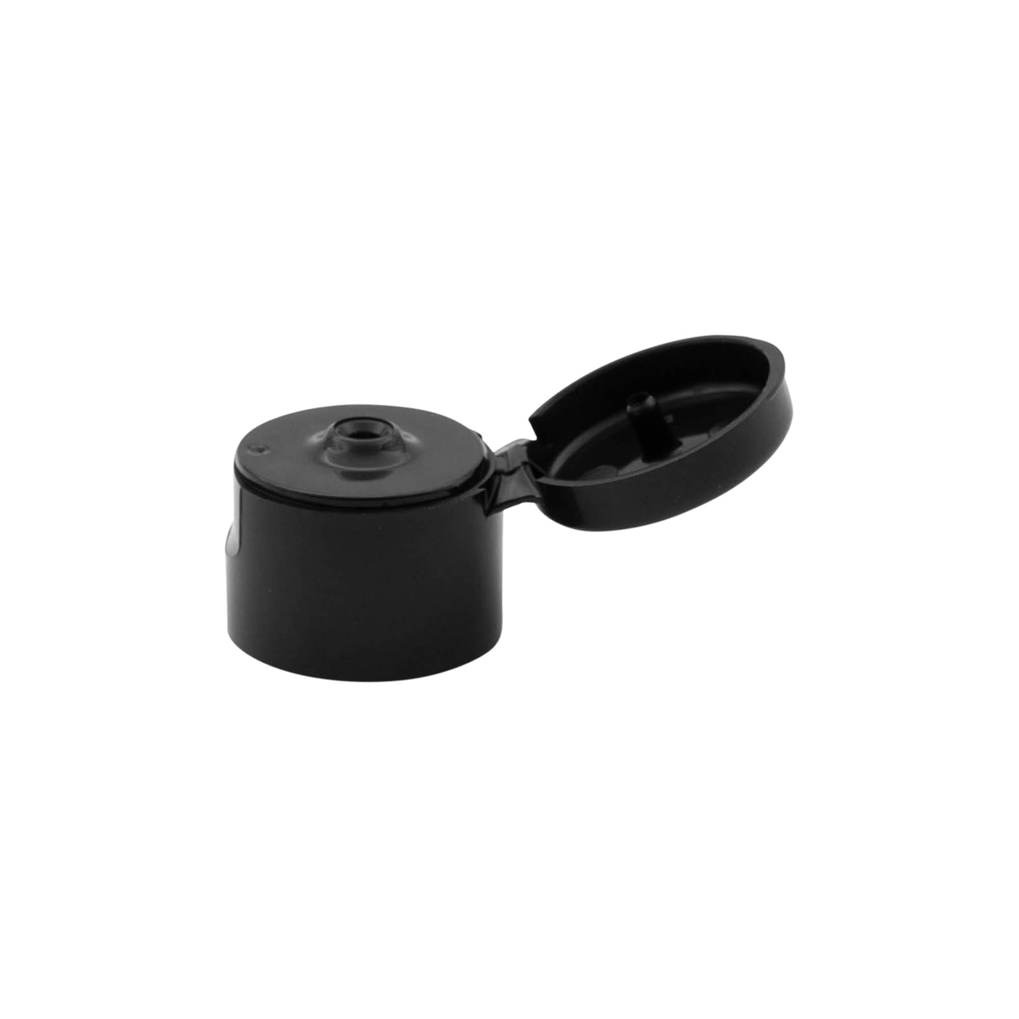 Tampa de rosca com dobradiça articulada, plástico PP, preta, para boca: 20/410 Tampa de rosca com dobradiça articulada, plástico PP, preta, para boca: 20/410