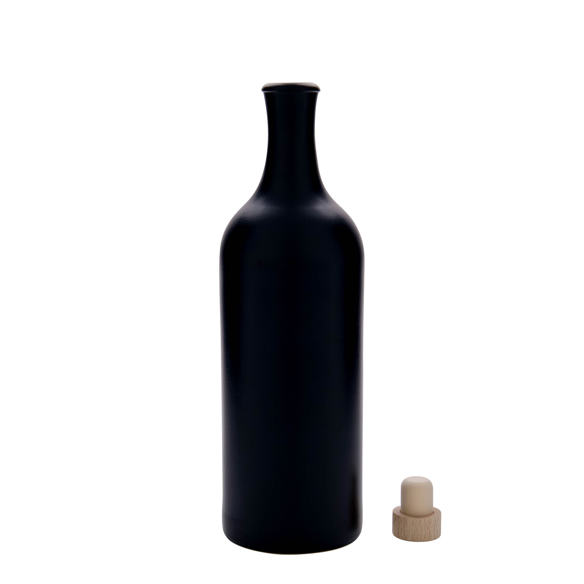 750 ml Jarra de barro de pescoço longo, grés, preta, boca: cortiça 750 ml Jarra de barro de pescoço longo, grés, preta, boca: cortiça