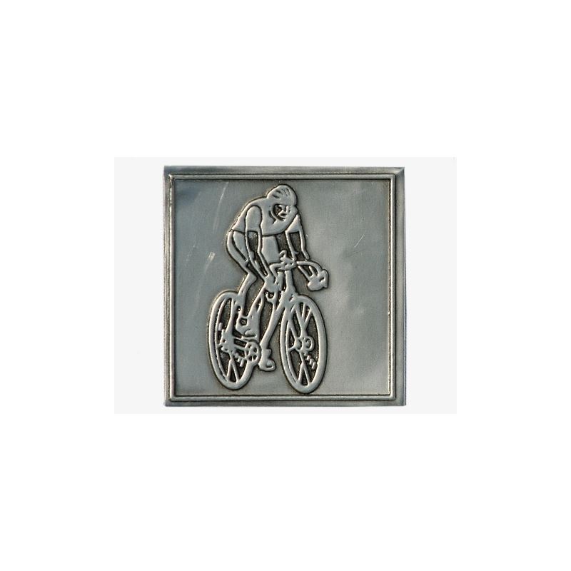 Etiqueta de estanho 'Ciclista', quadrada, metal, prata Etiqueta de estanho 'Ciclista', quadrada, metal, prata
