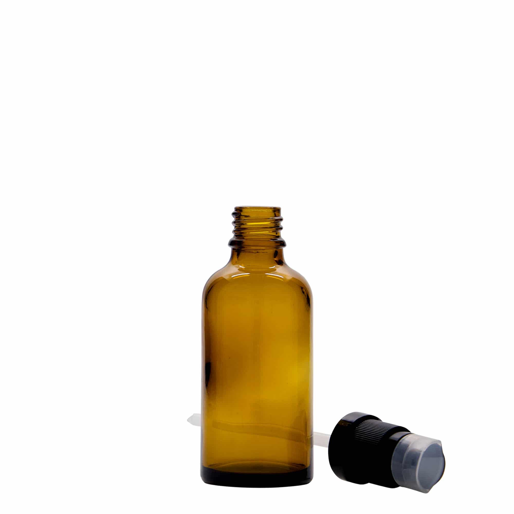 Frasco médico de 50 ml com bomba de loção, vidro, castanho, boca: DIN 18 Frasco médico de 50 ml com bomba de loção, vidro, castanho, boca: DIN 18