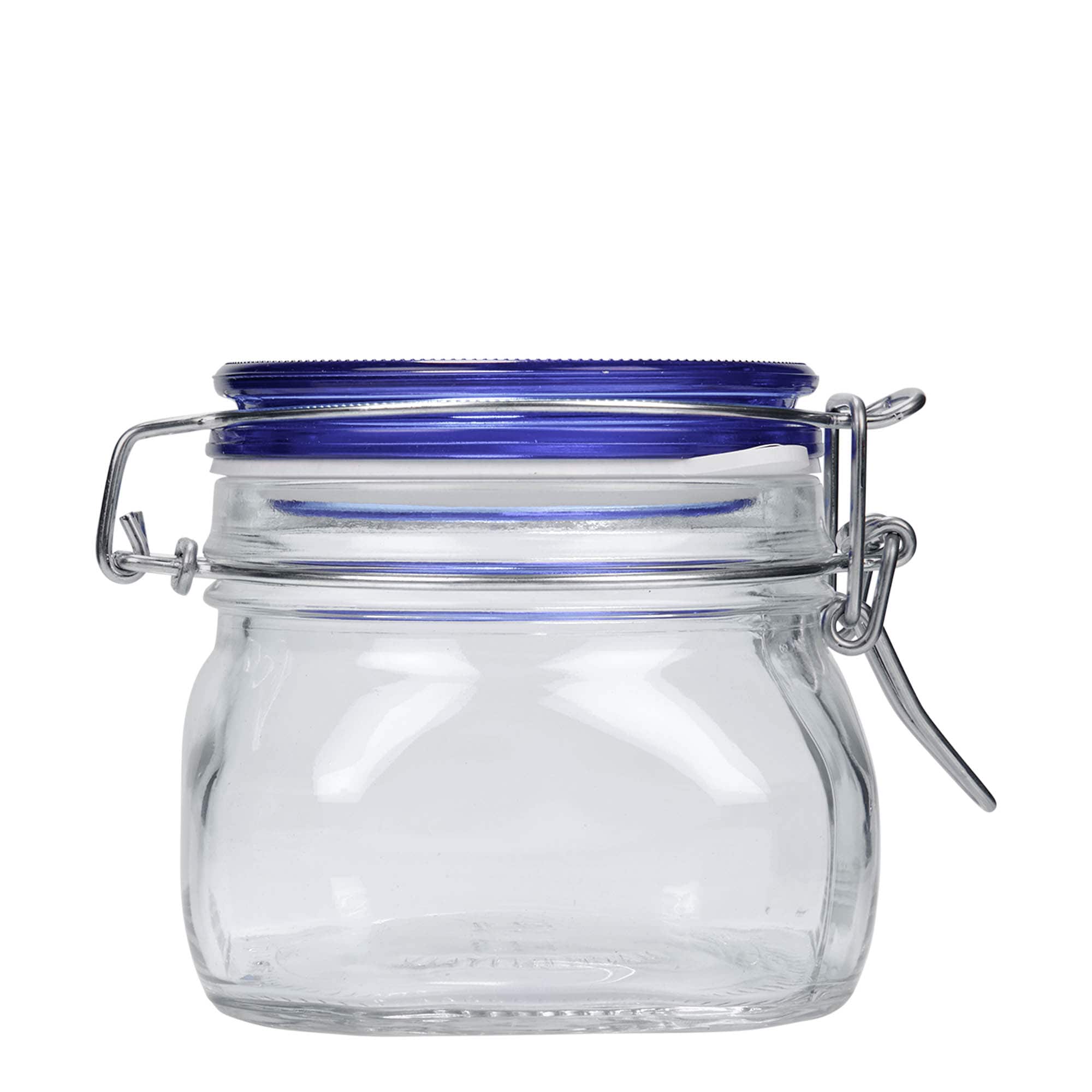 Frasco de vidro com fecho de arame 'Fido' 500 ml, tampa azul, quadrado, boca: fecho de arame