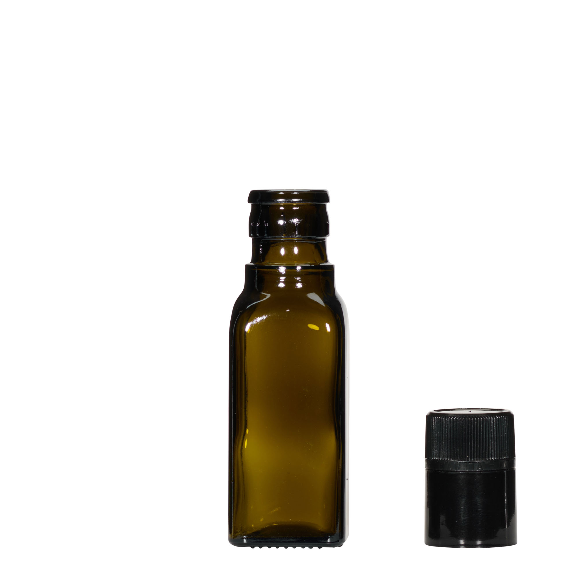 Frasco de vinagre/azeite 100 ml 'Quadra', vidro, quadrado, verde antigo, boca: DOP Frasco de vinagre/azeite 100 ml 'Quadra', vidro, quadrado, verde antigo, boca: DOP