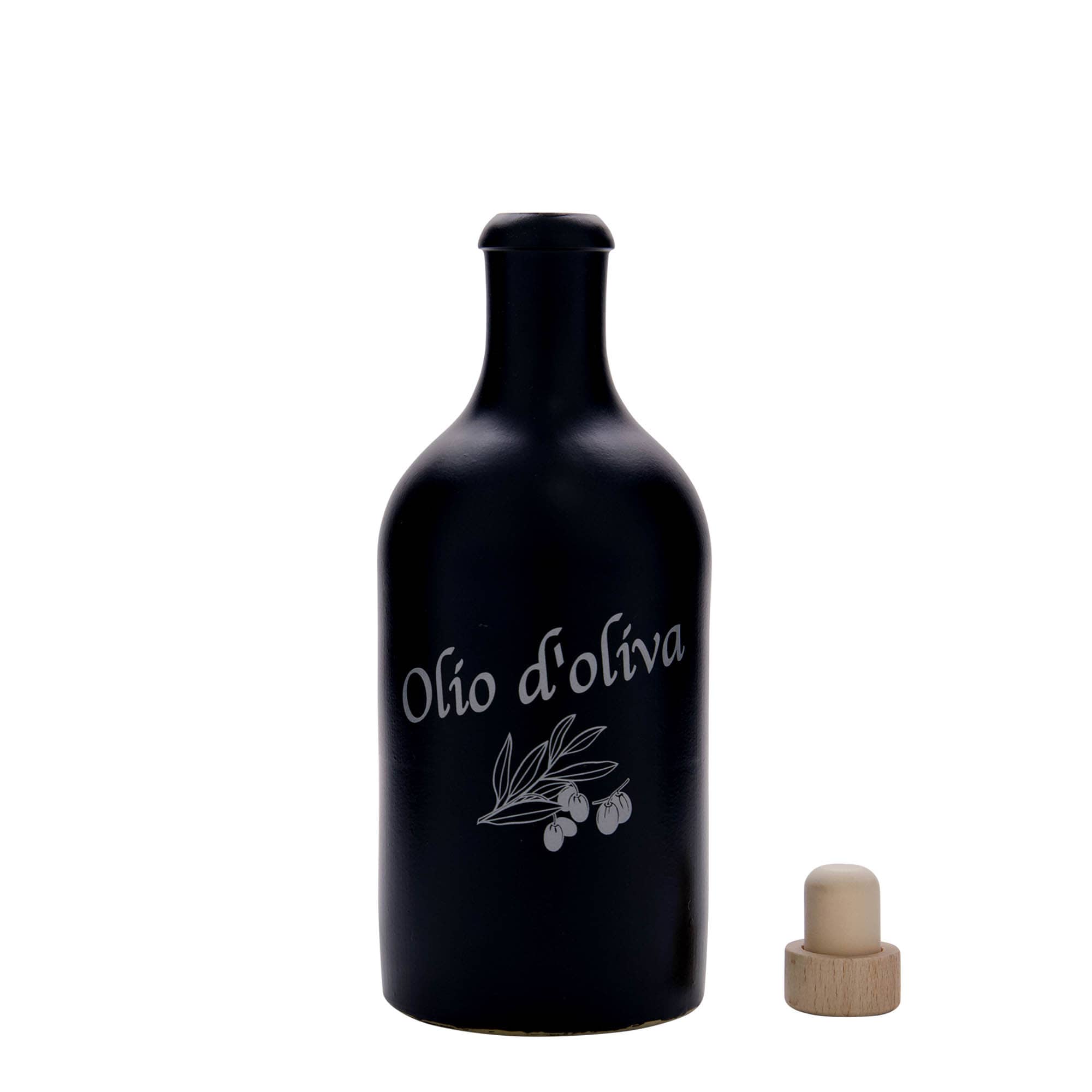 Jarro de barro de 500 ml, motivo: Azeite, grés, preto, boca: cortiça