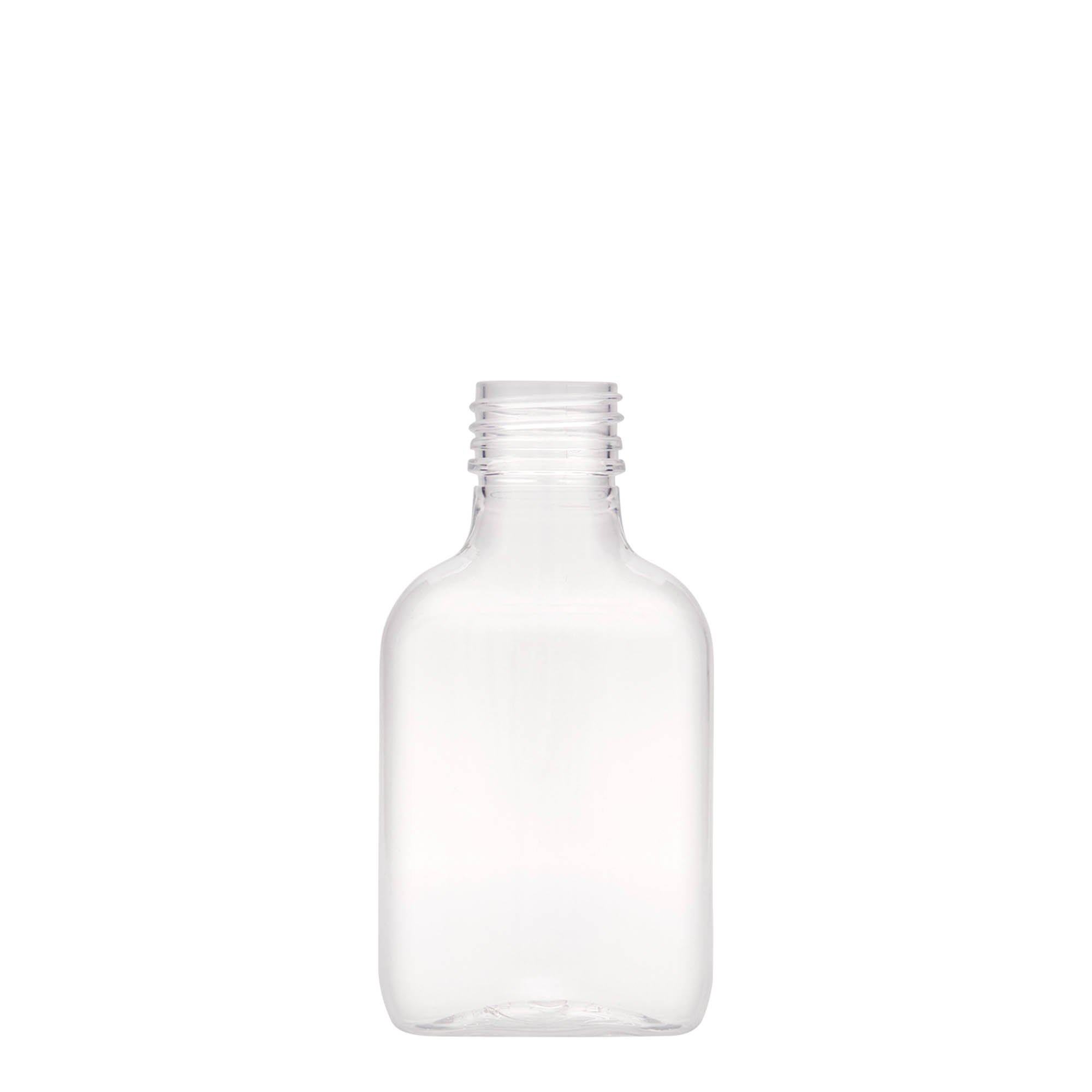Frasco de bolso de 100 ml, oval, plástico PET, bocal: PP 28 Frasco de bolso de 100 ml, oval, plástico PET, bocal: PP 28