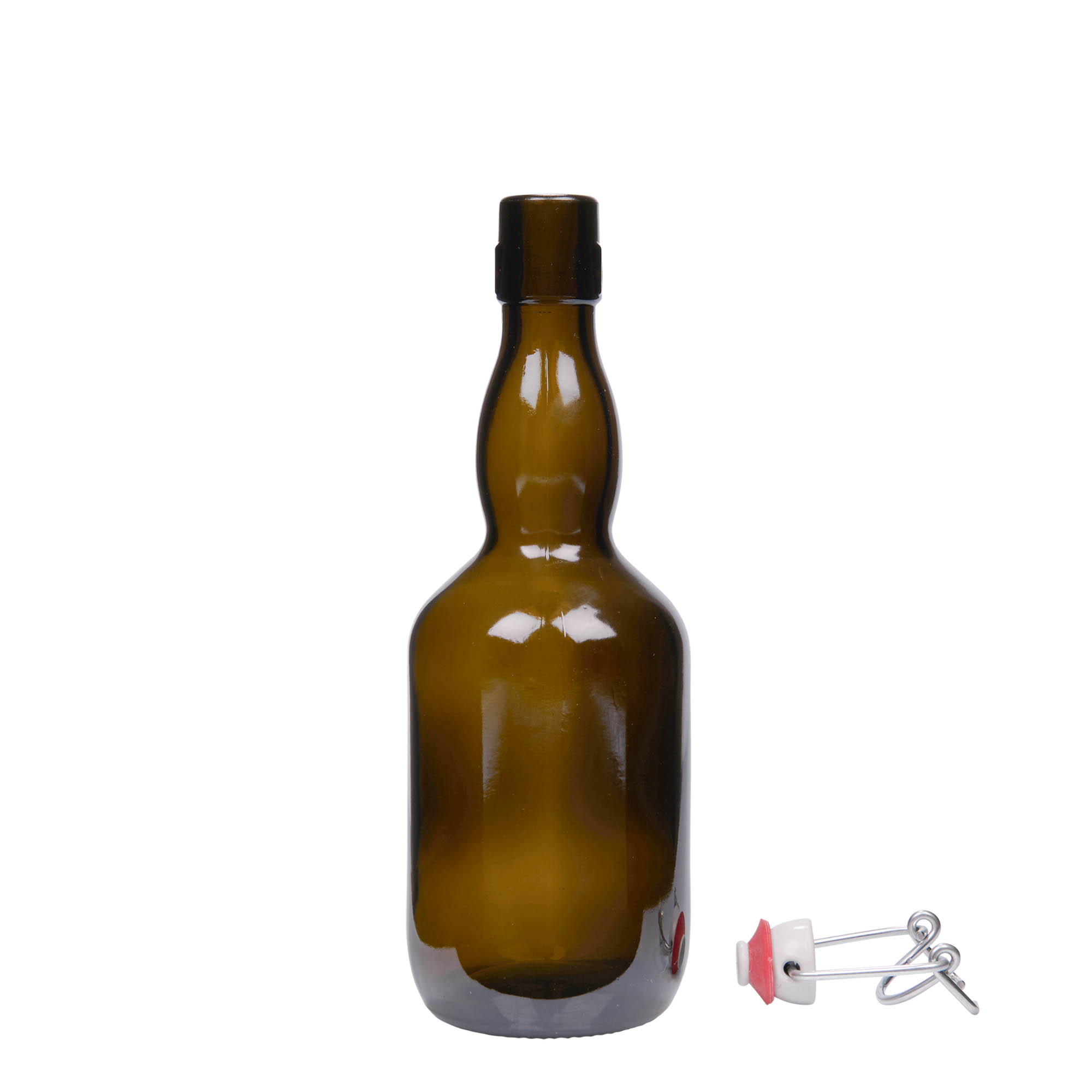 Garrafa de cerveja 500 ml com gargalo engolado, vidro, verde antigo, boca: fecho de mola