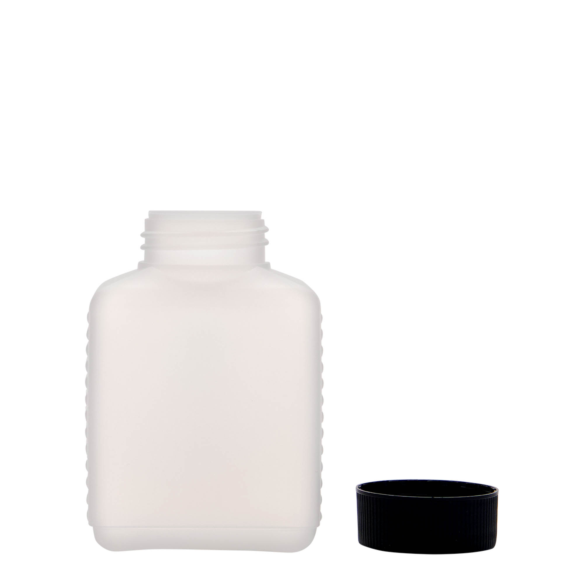 250 ml Frasco de gargalo largo, rectangular, plástico HDPE, natural, boca: DIN 40 EPE 250 ml Frasco de gargalo largo, rectangular, plástico HDPE, natural, boca: DIN 40 EPE