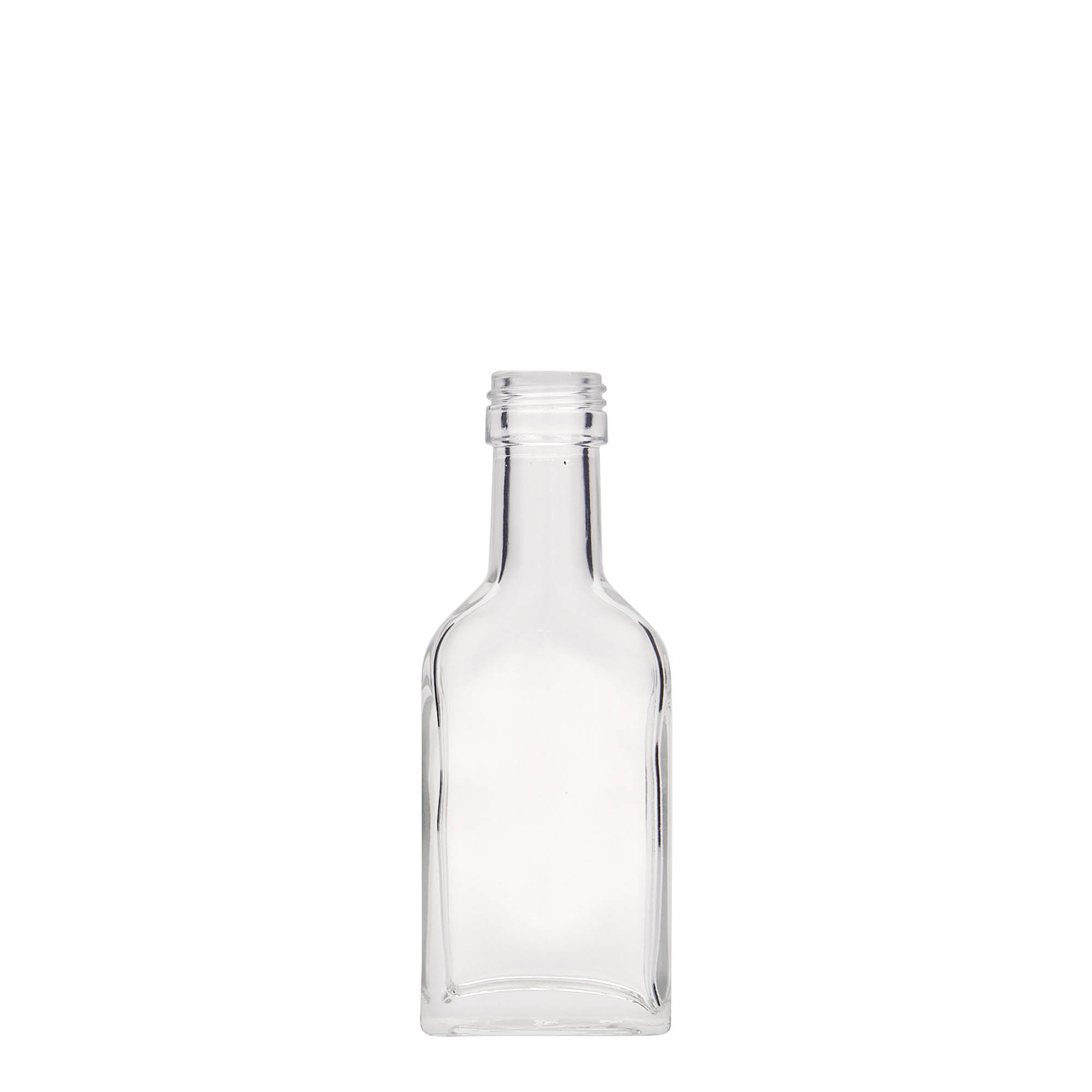 Frasco de bolso 40 ml pescoço longo, retangular, vidro, boca: PP 22 Frasco de bolso 40 ml pescoço longo, retangular, vidro, boca: PP 22