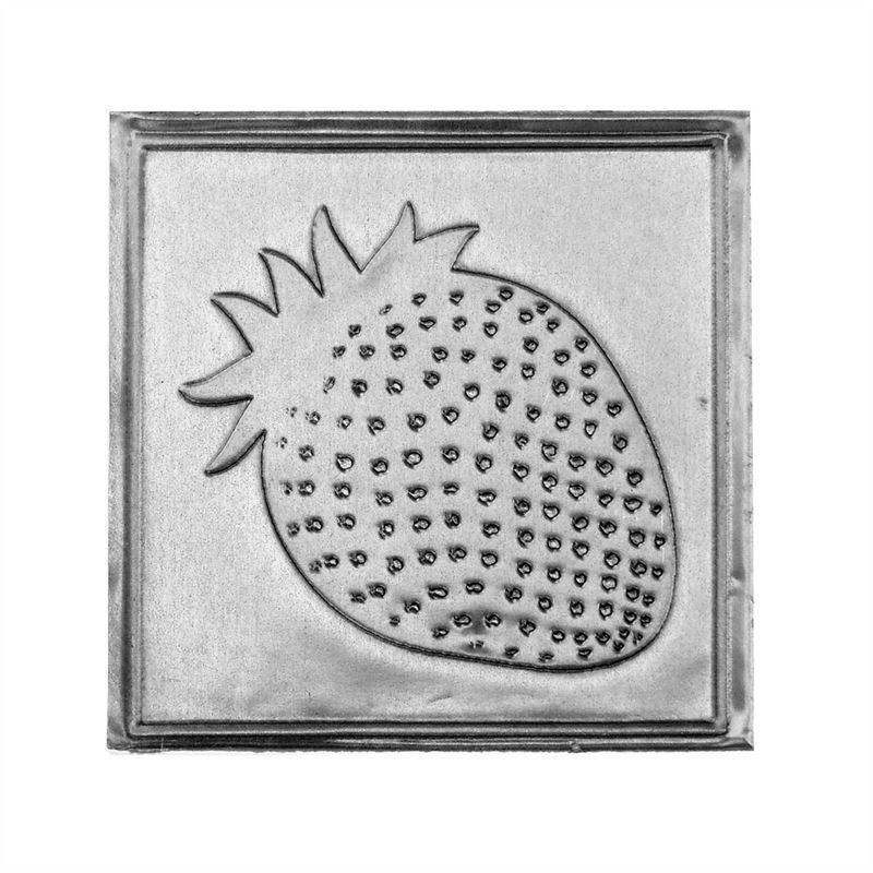 Etiqueta de estanho 'Morango', quadrada, metal, prateado