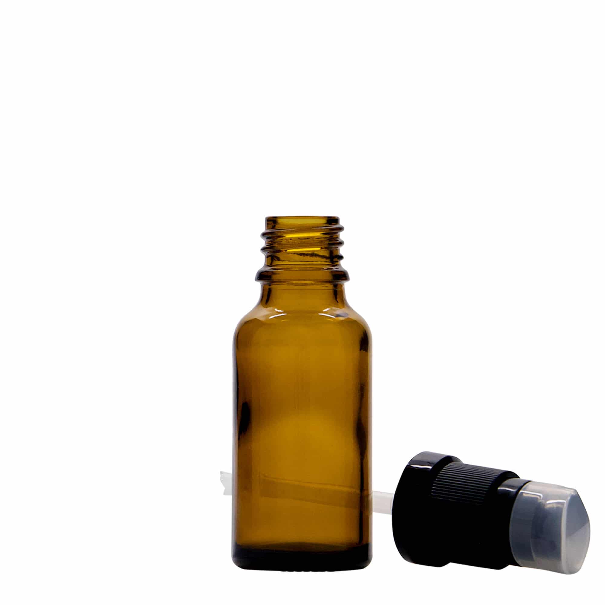 Frasco médico de 20 ml com bomba de loção, vidro, castanho, boca: DIN 18 Frasco médico de 20 ml com bomba de loção, vidro, castanho, boca: DIN 18