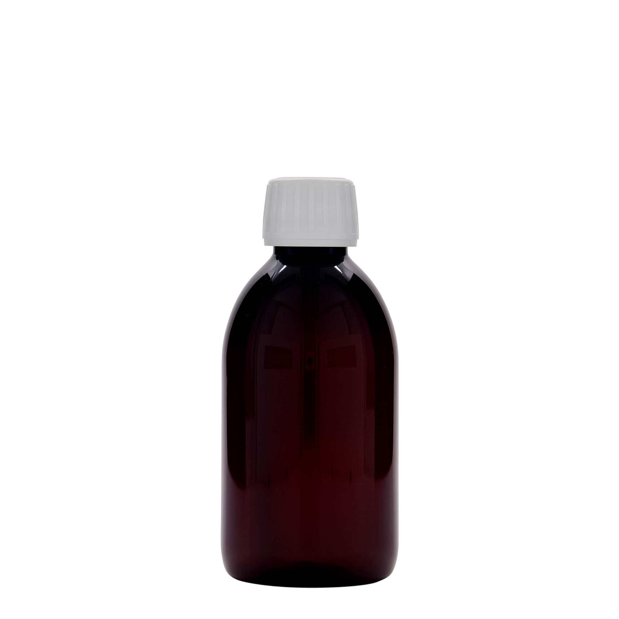 250 ml Frasco de medicamentos PET, castanho, plástico, boca: PP 28