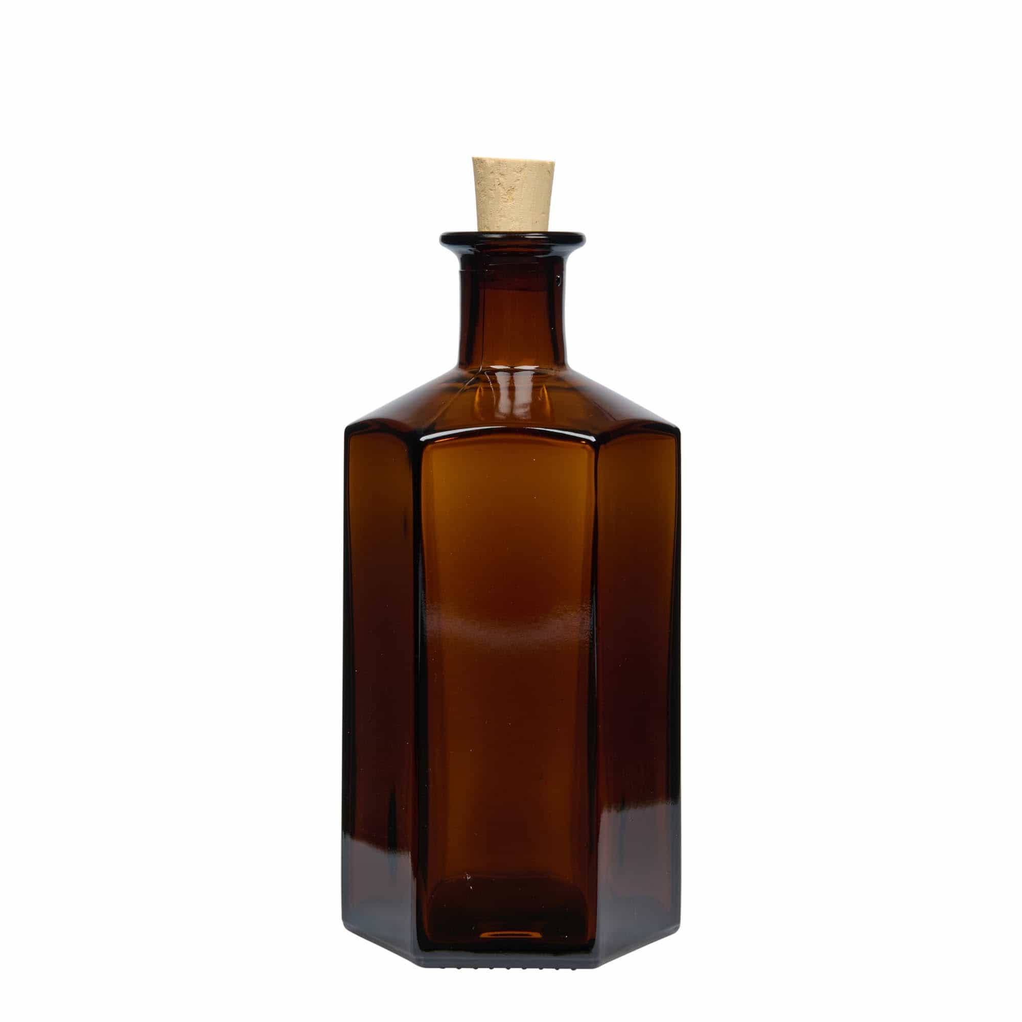 500 ml Garrafa de vidro farmacêutica 'Jimmy'. hexagonal. castanho. boca: Cortiça