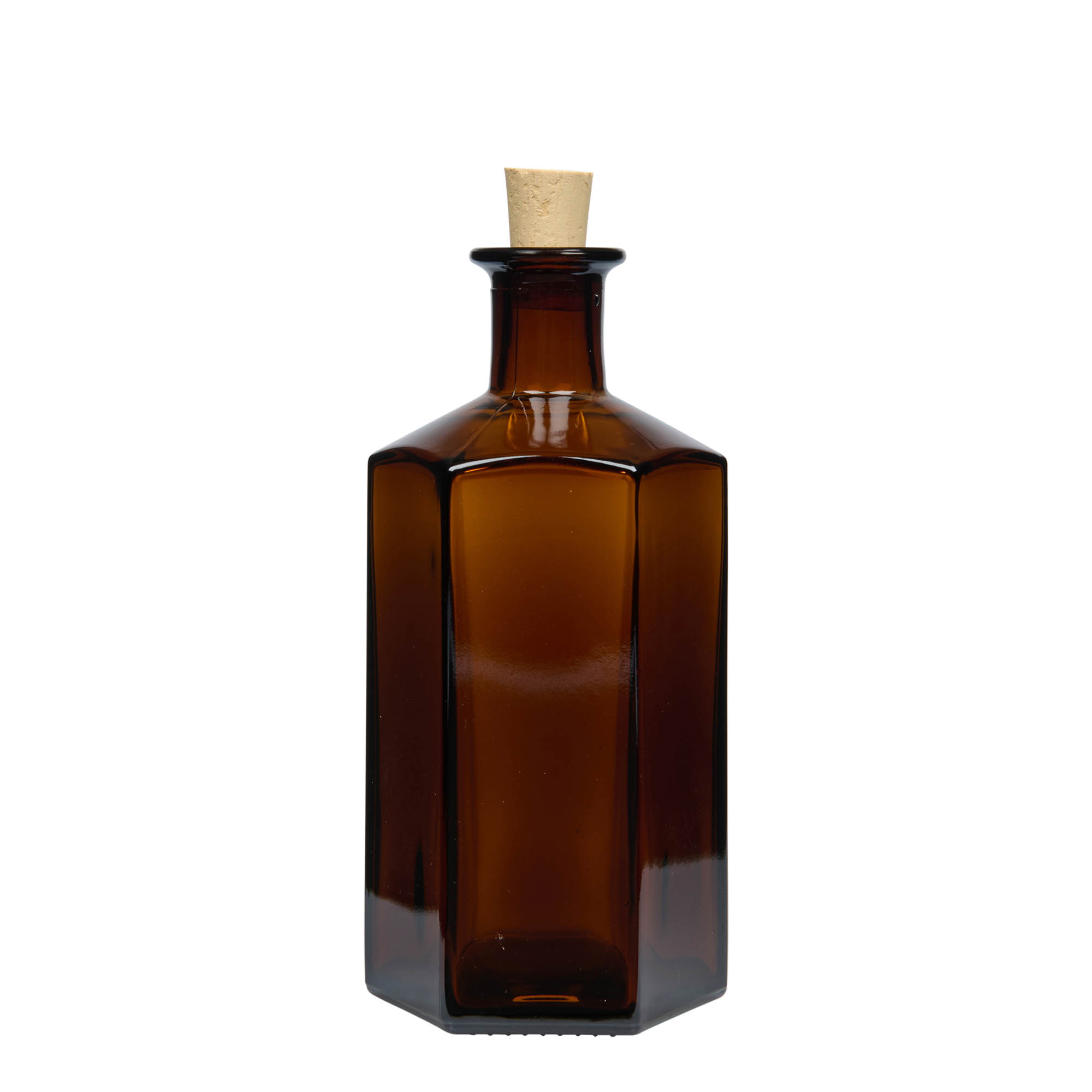 Frasco de vidro de 500 ml, farmacêutico 'Jimmy', hexagonal, castanho, boca: cortiça