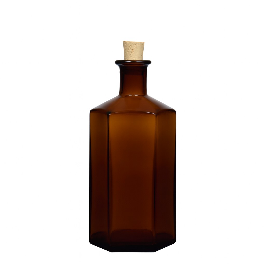 Frasco de vidro de 500 ml, farmacêutico 'Jimmy', hexagonal, castanho, boca: cortiça Frasco de vidro de 500 ml, farmacêutico 'Jimmy', hexagonal, castanho, boca: cortiça