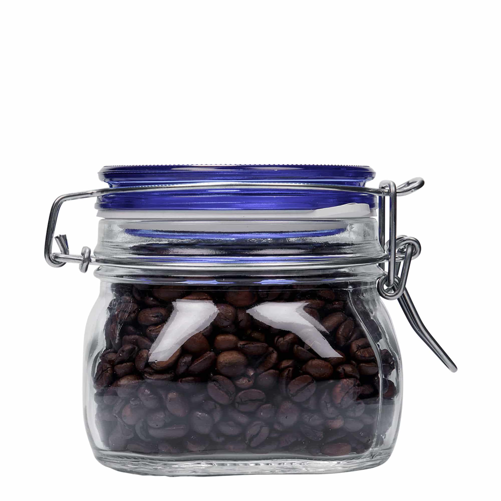 Frasco de vidro com fecho de arame 'Fido' 500 ml, tampa azul, quadrado, boca: fecho de arame