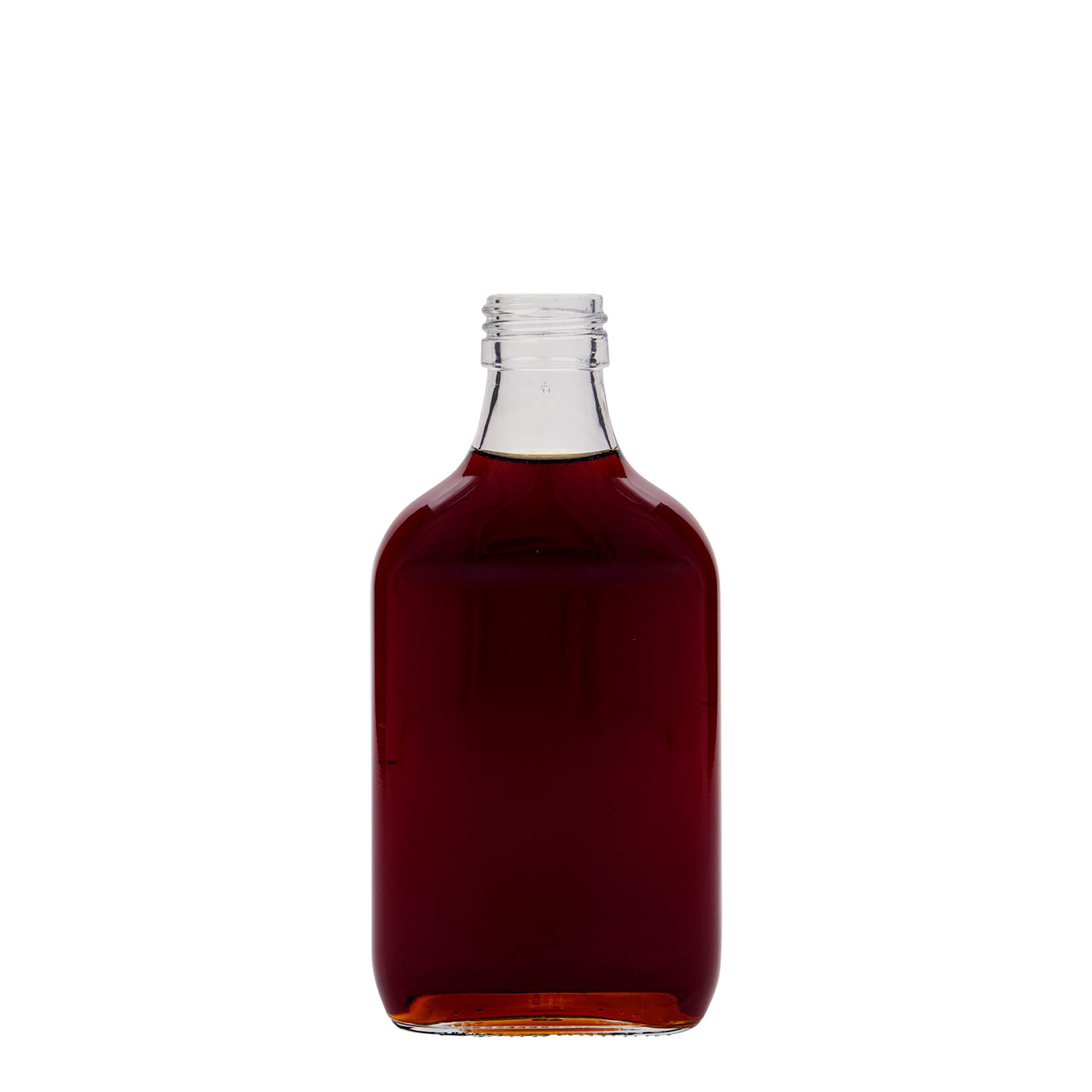 Frasco de bolso de 200 ml, retangular, vidro, boca: PP 28 Frasco de bolso de 200 ml, retangular, vidro, boca: PP 28