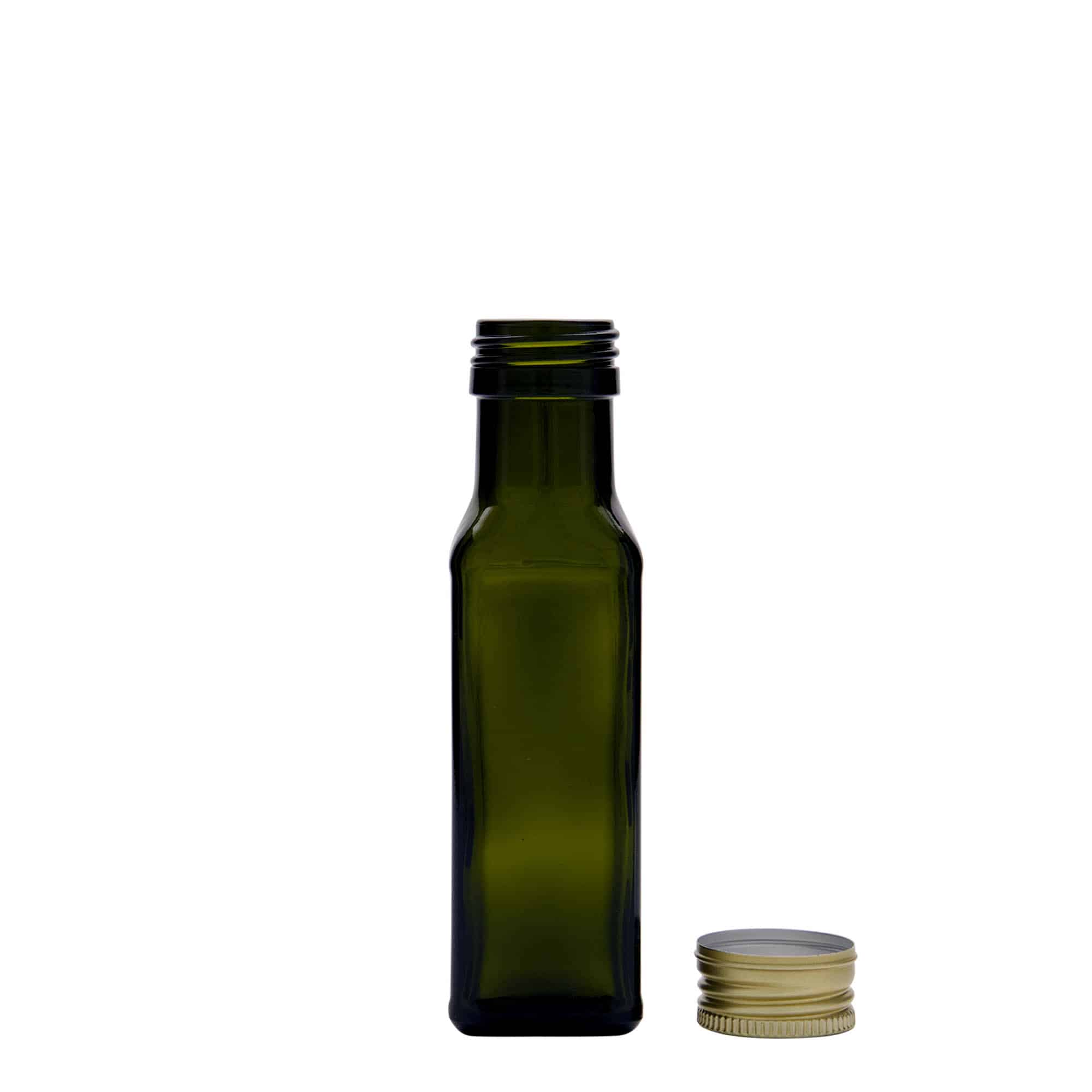 100 ml Garrafa de vidro 'Marasca', quadrada, verde antigo, boca: PP 31,5 100 ml Garrafa de vidro 'Marasca', quadrada, verde antigo, boca: PP 31,5