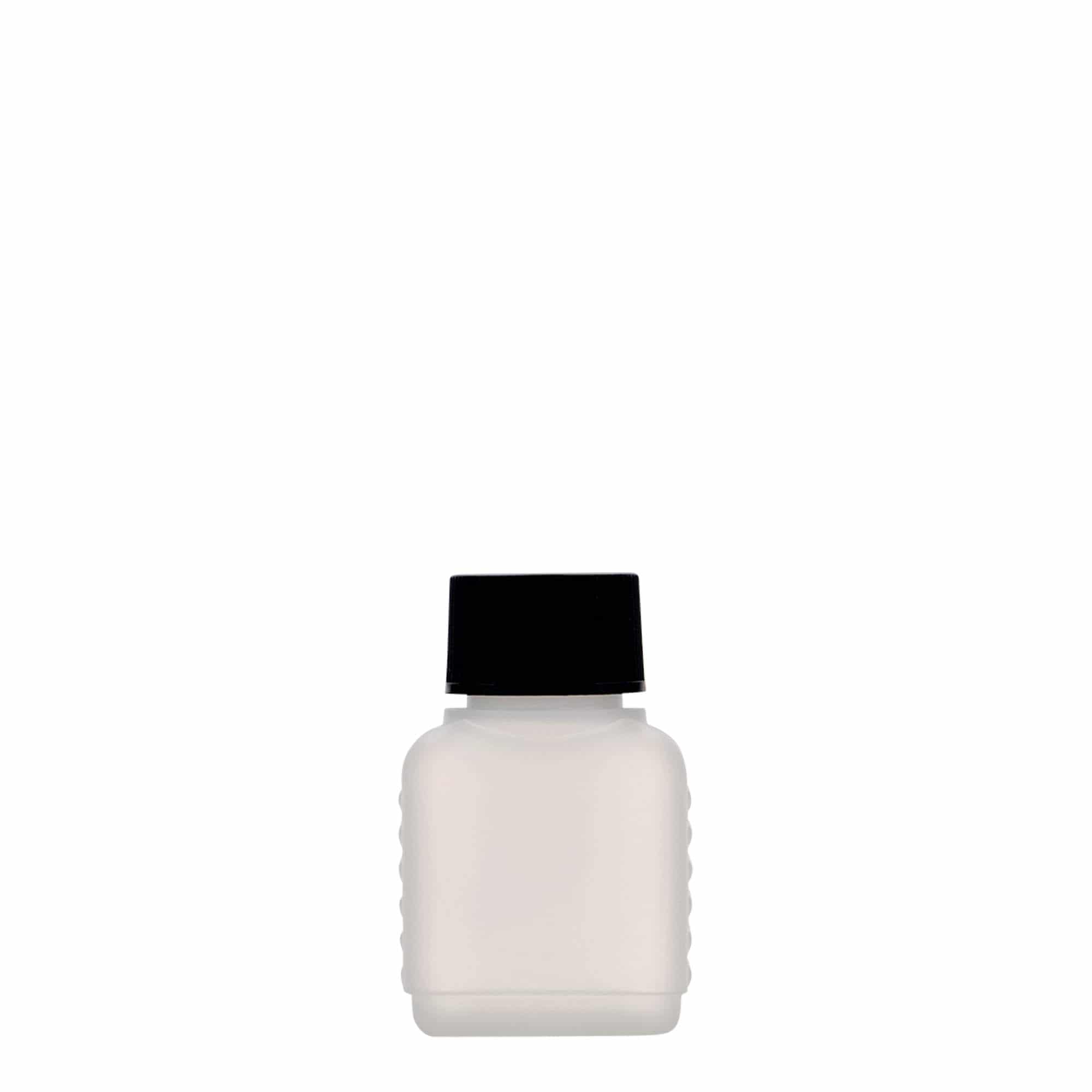 Frasco de 50 ml em bidão, retangular, plástico HDPE, natural, boca: DIN 25