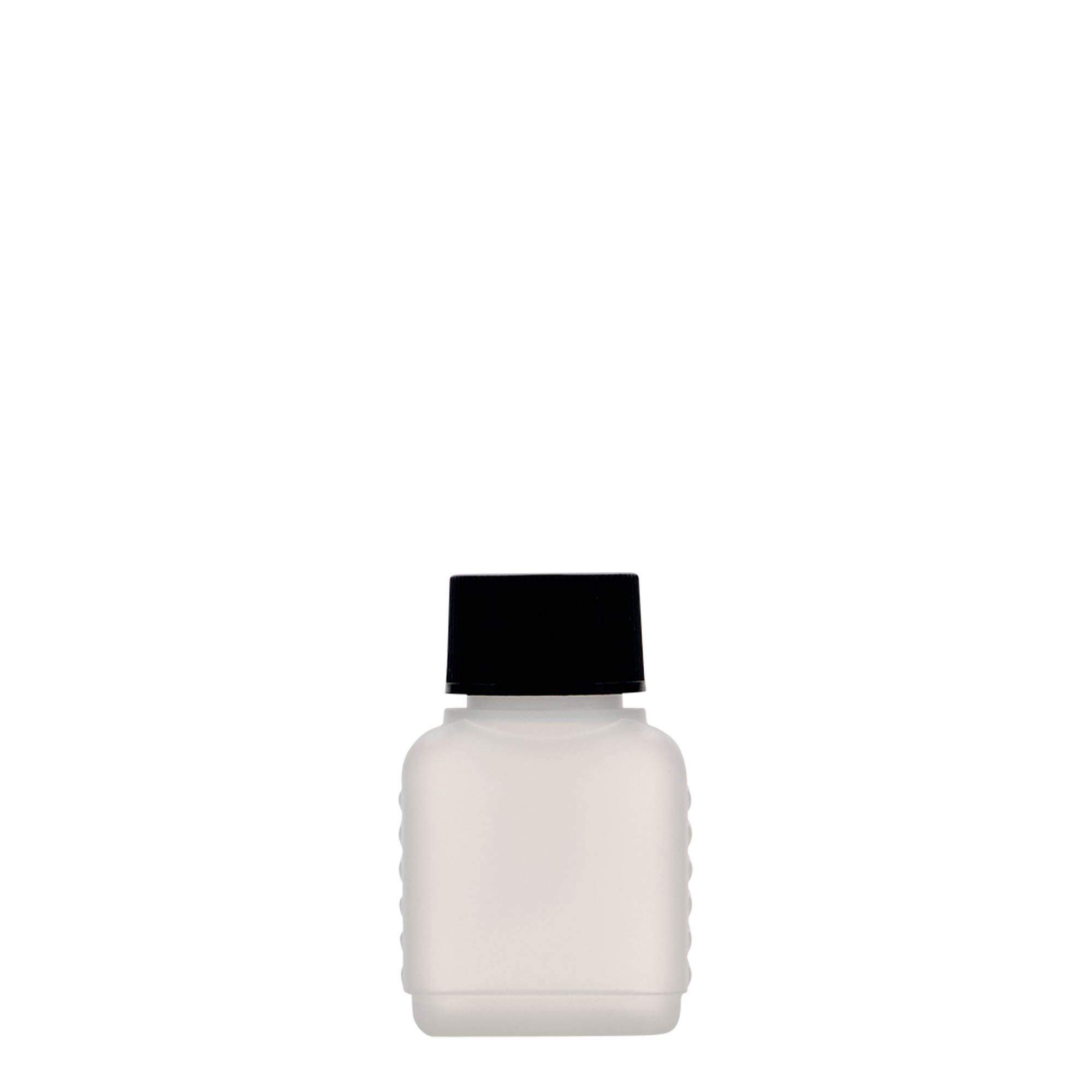 Frasco de 50 ml em bidão, retangular, plástico HDPE, natural, boca: DIN 25 Frasco de 50 ml em bidão, retangular, plástico HDPE, natural, boca: DIN 25