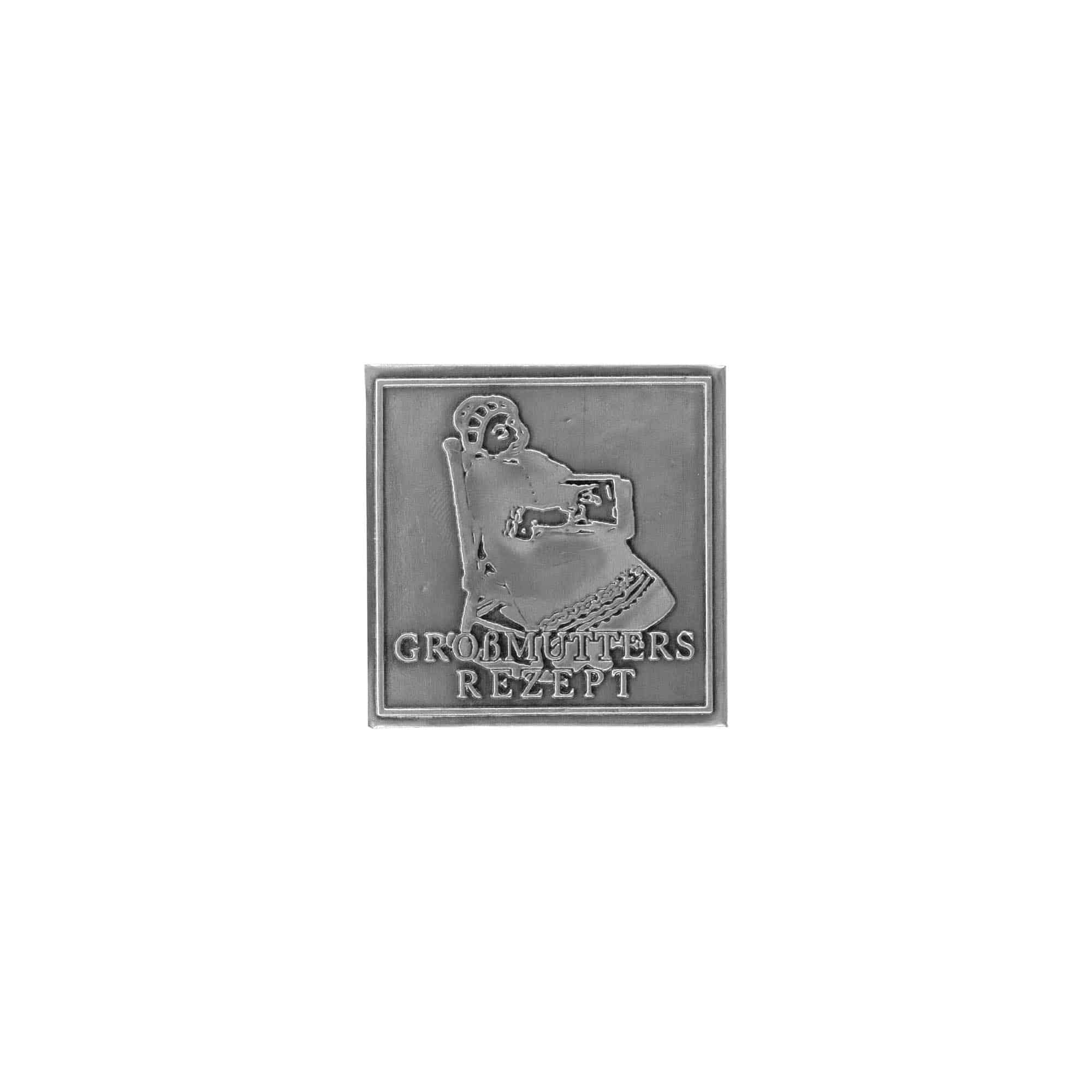 Etiqueta de estanho 'Receita da Avó', quadrada, metal, prateado Etiqueta de estanho 'Receita da Avó', quadrada, metal, prateado