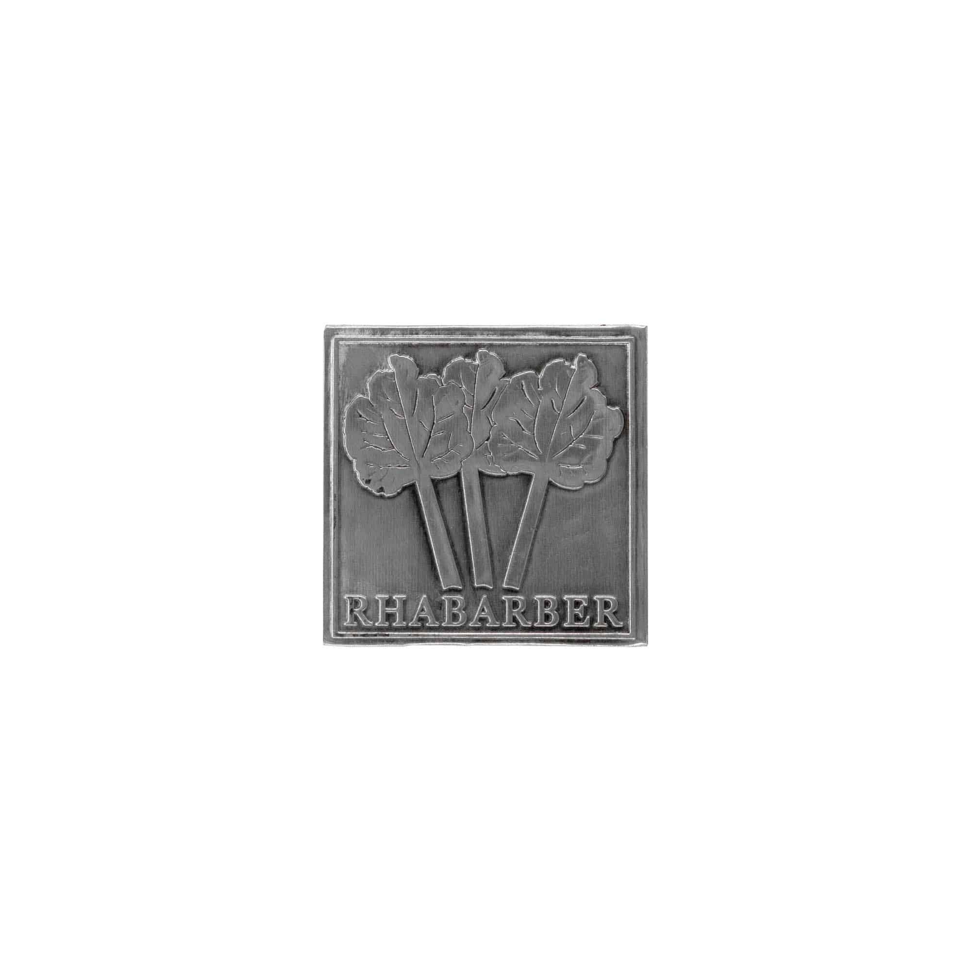 Etiqueta de estanho 'Ruibarbo', quadrada, metal, prateado Etiqueta de estanho 'Ruibarbo', quadrada, metal, prateado