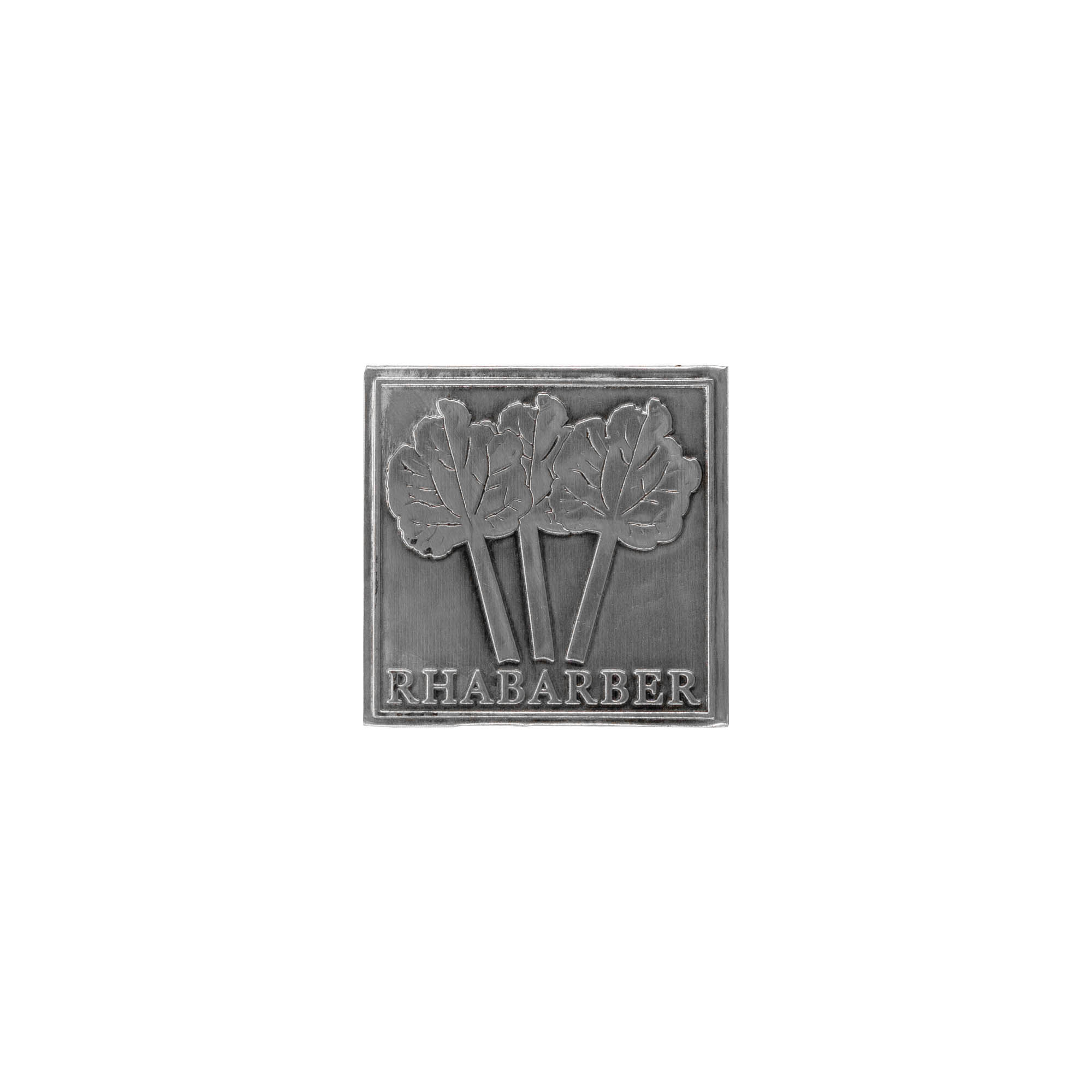 Etiqueta de estanho 'Ruibarbo', quadrada, metal, prateada Etiqueta de estanho 'Ruibarbo', quadrada, metal, prateada
