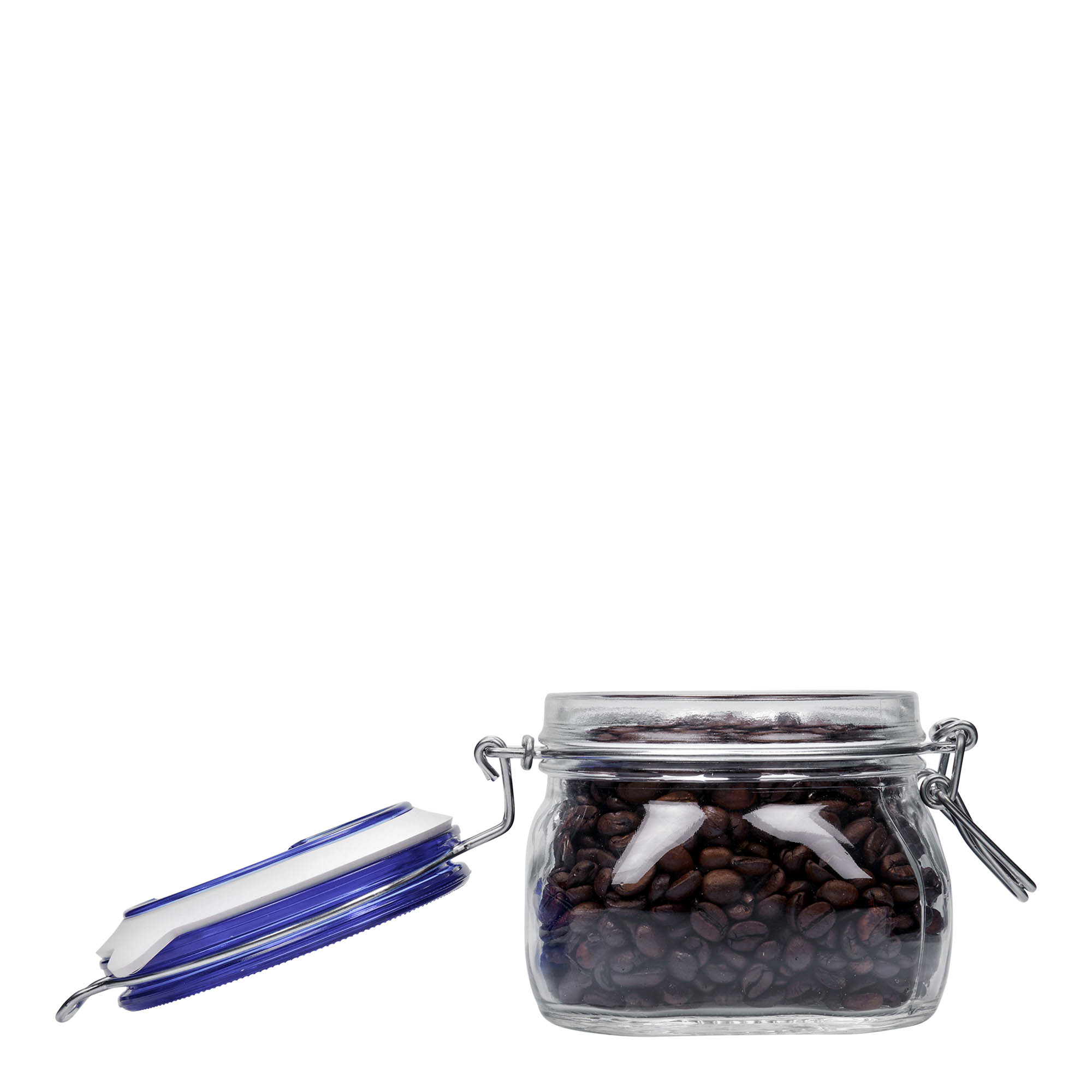 Frasco de vidro com fecho de arame 'Fido' 500 ml, tampa azul, quadrado, boca: fecho de arame