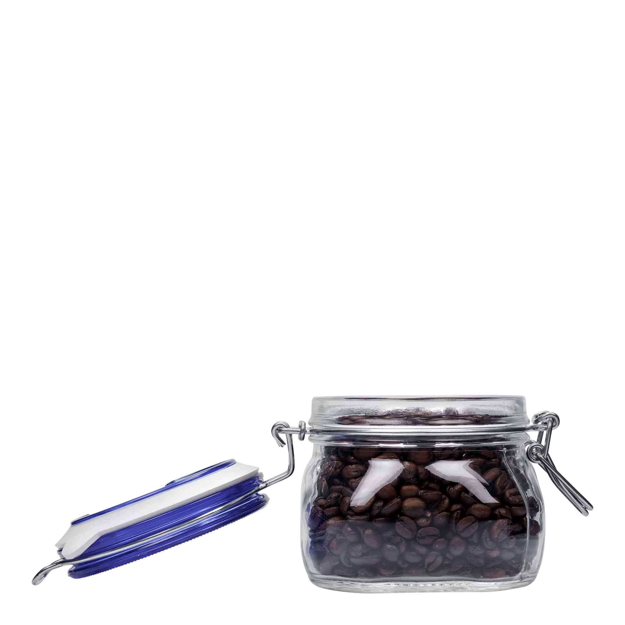 Frasco de vidro com fecho de arame 'Fido' 500 ml, tampa azul, quadrado, boca: fecho de arame