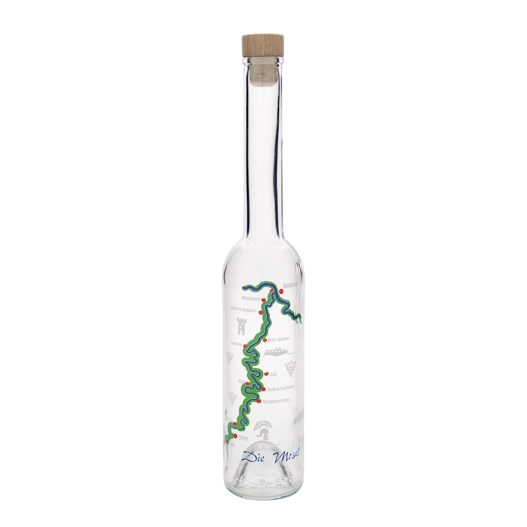 Garrafa de vidro de 350 ml 'Ópera', motivo: Mosela, boca: cortiça Garrafa de vidro de 350 ml 'Ópera', motivo: Mosela, boca: cortiça