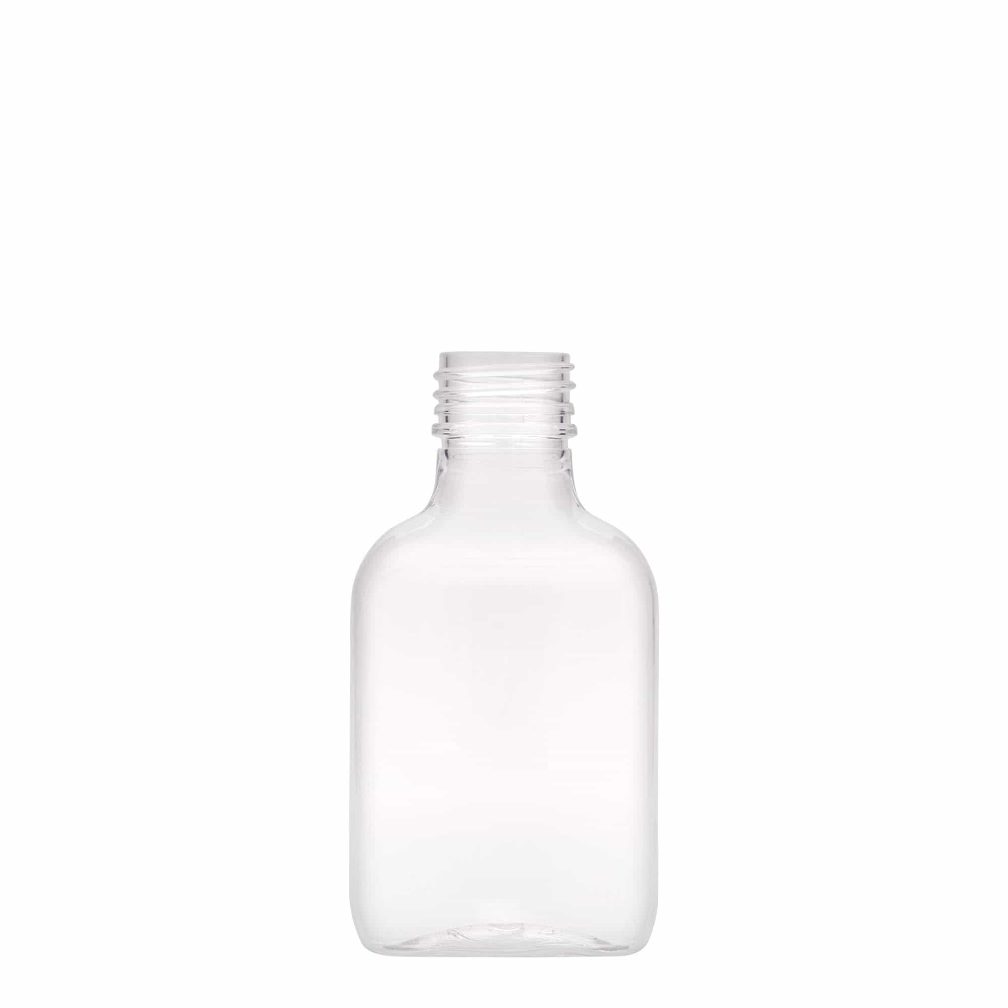 100 ml Garrafa de bolso, oval, plástico PET, boca: PP 28 100 ml Garrafa de bolso, oval, plástico PET, boca: PP 28