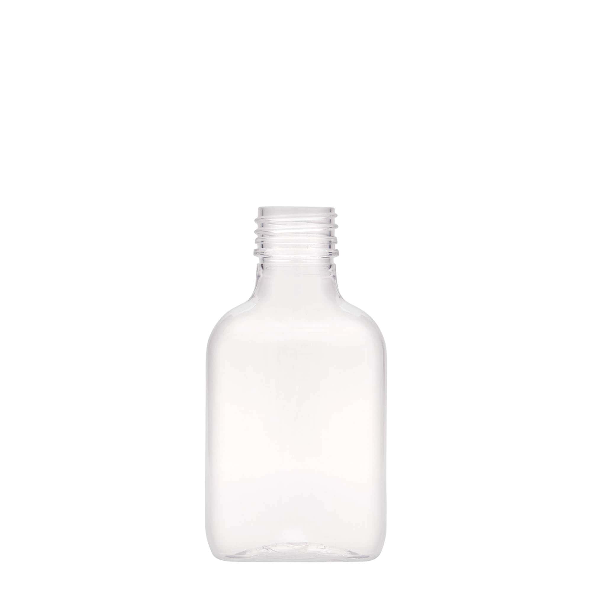 Frasco de bolso de 100 ml, oval, plástico PET, bocal: PP 28 Frasco de bolso de 100 ml, oval, plástico PET, bocal: PP 28