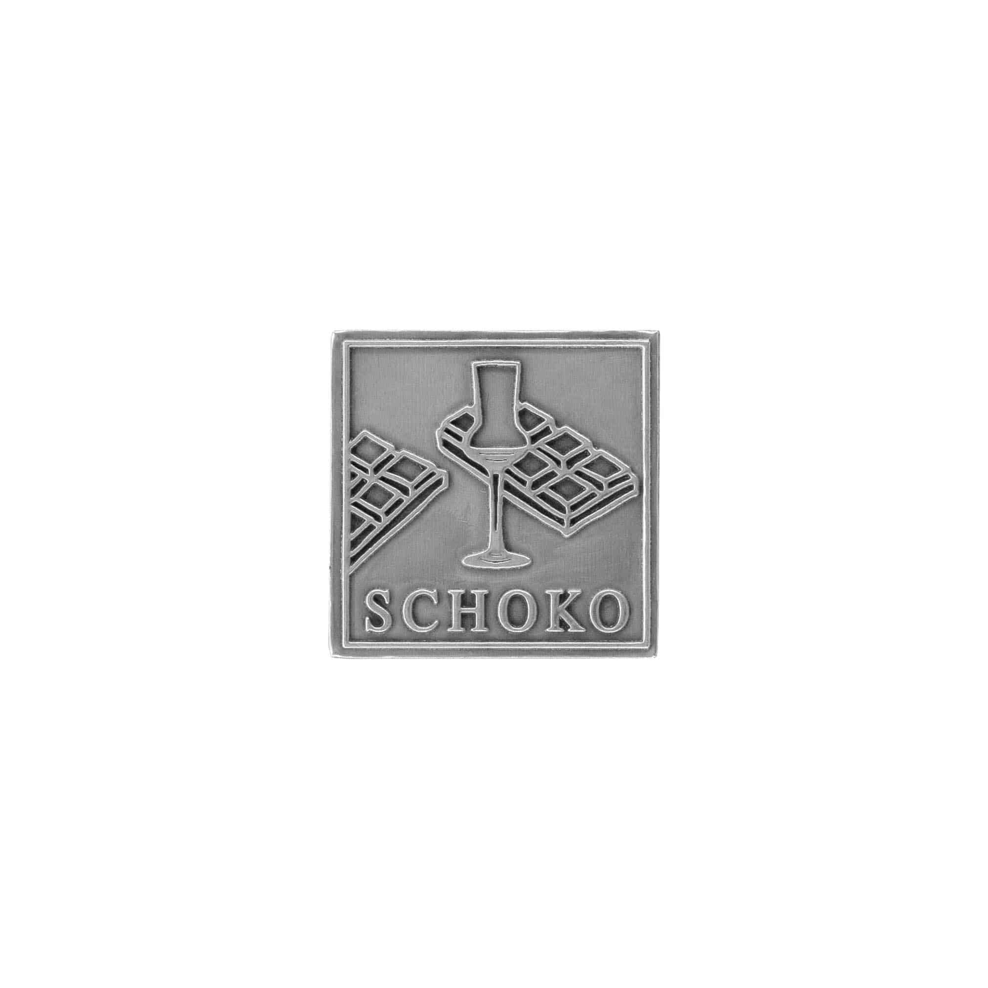 Etiqueta de estanho 'Schoko', quadrada, metal, prateada