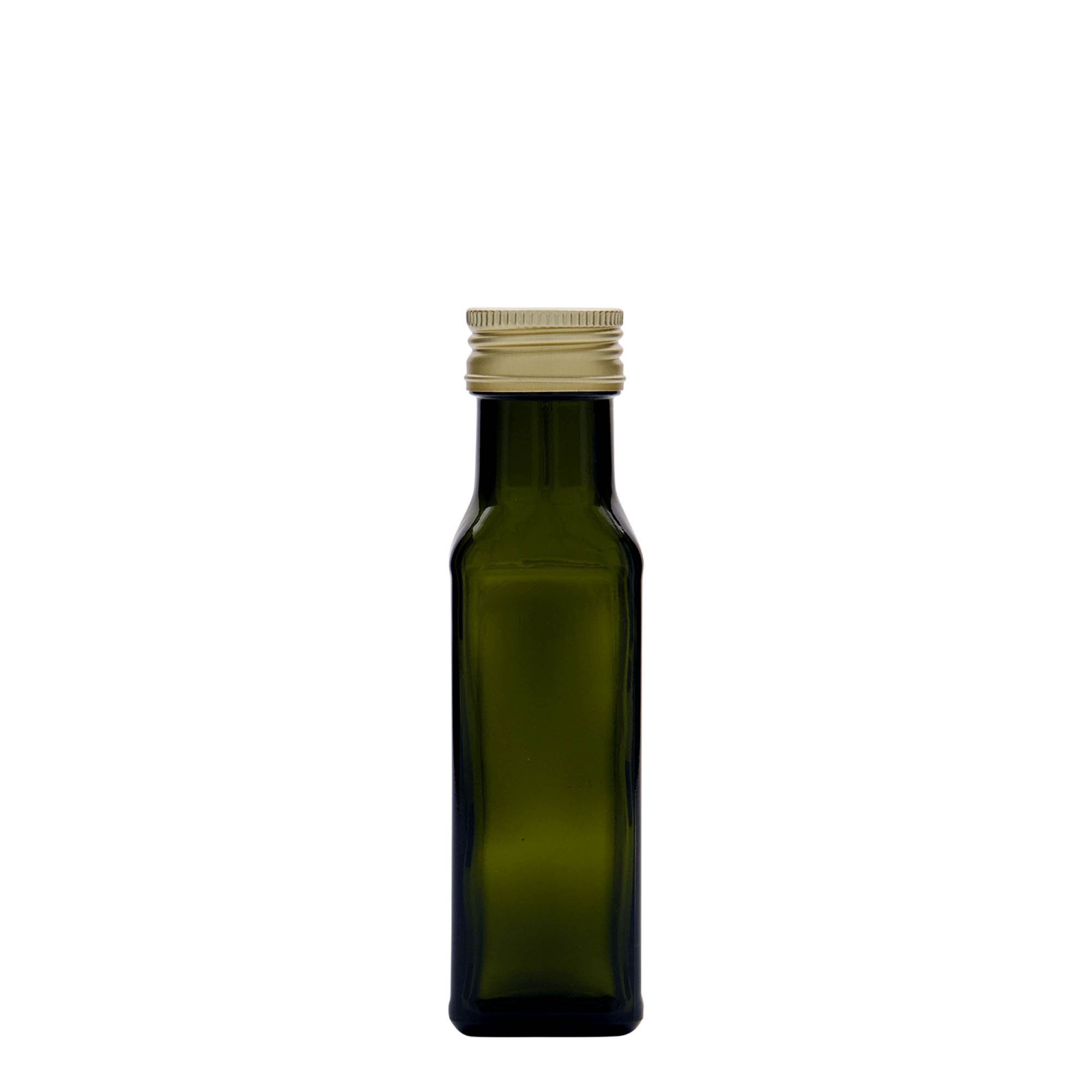 Frasco de vidro de 100 ml 'Marasca', quadrado, verde antigo, boca: PP 31,5 Frasco de vidro de 100 ml 'Marasca', quadrado, verde antigo, boca: PP 31,5