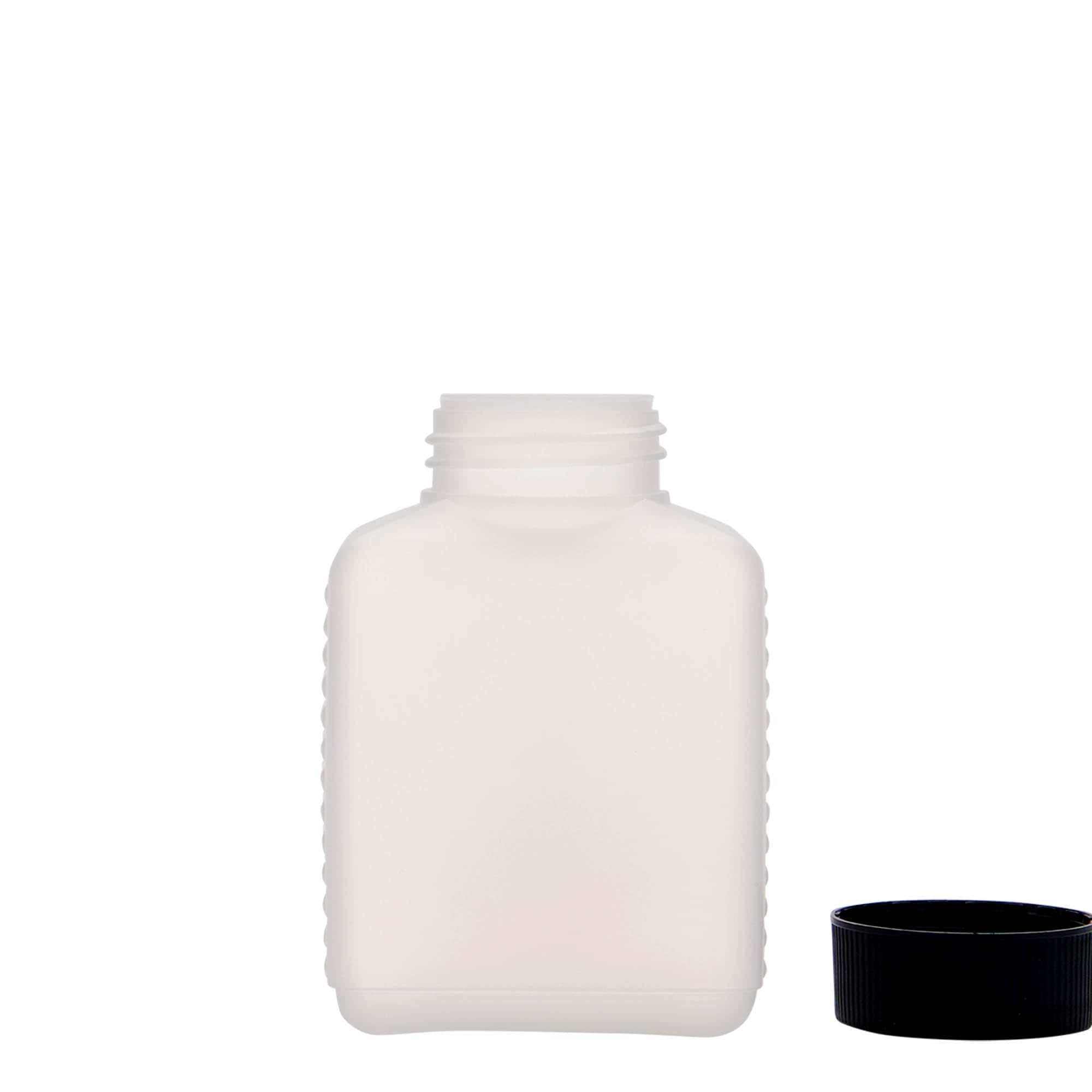 250 ml Frasco de gargalo largo, rectangular, plástico HDPE, natural, boca: DIN 40 EPE 250 ml Frasco de gargalo largo, rectangular, plástico HDPE, natural, boca: DIN 40 EPE