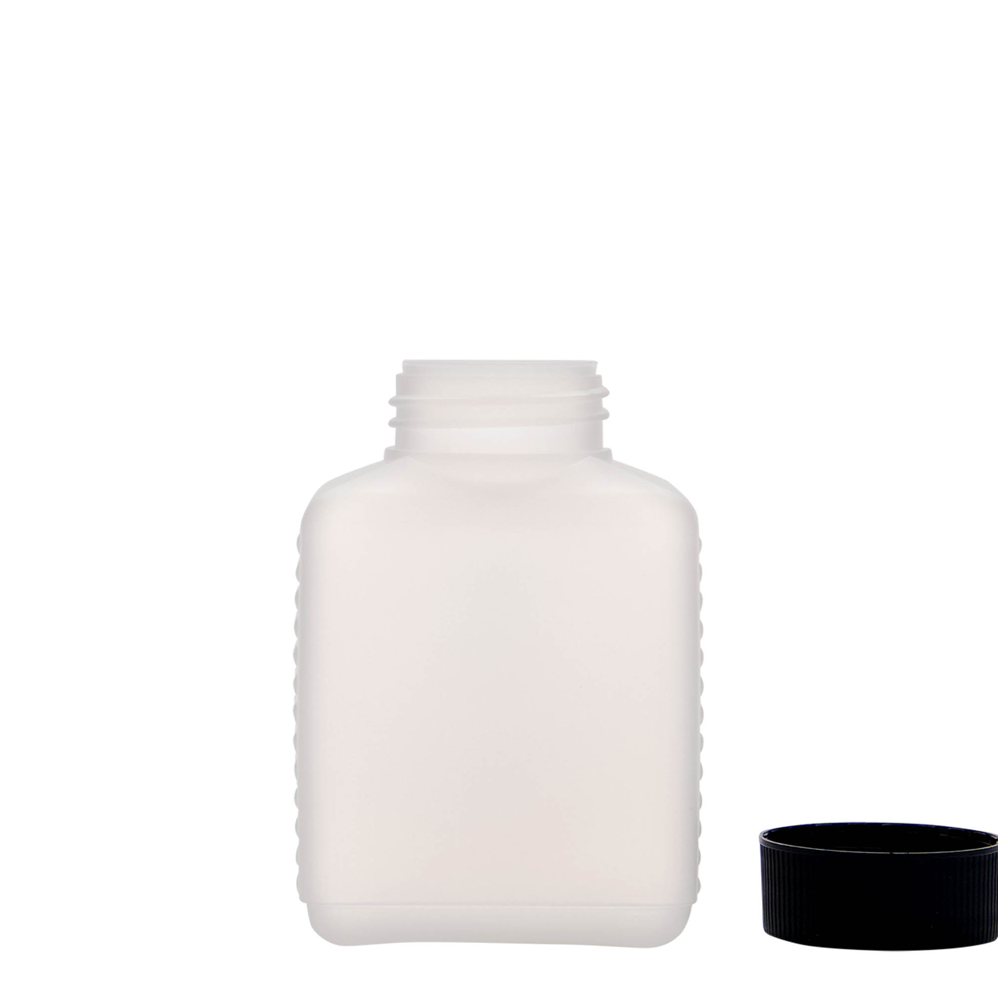 250 ml Frasco de gargalo largo, rectangular, plástico HDPE, natural, boca: DIN 40 EPE 250 ml Frasco de gargalo largo, rectangular, plástico HDPE, natural, boca: DIN 40 EPE