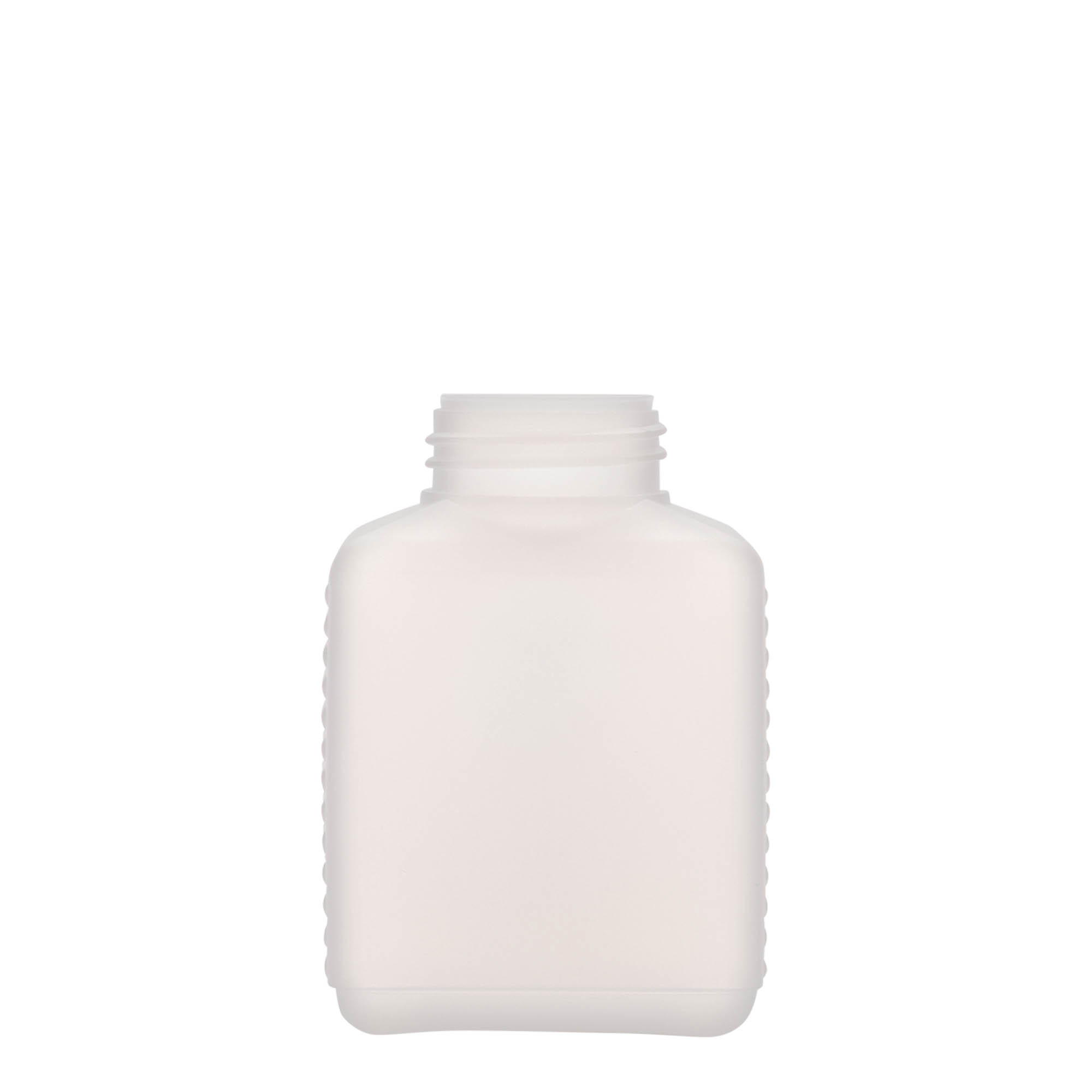 250 ml Frasco de gargalo largo, rectangular, plástico HDPE, natural, boca: DIN 40 EPE 250 ml Frasco de gargalo largo, rectangular, plástico HDPE, natural, boca: DIN 40 EPE