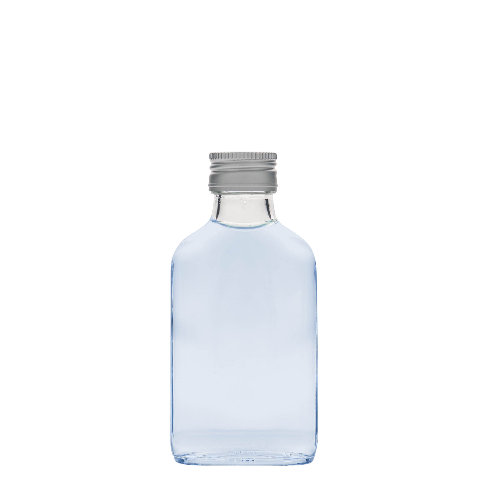 Frasco de bolso de 100 ml, retangular, vidro, boca: PP 28 Frasco de bolso de 100 ml, retangular, vidro, boca: PP 28